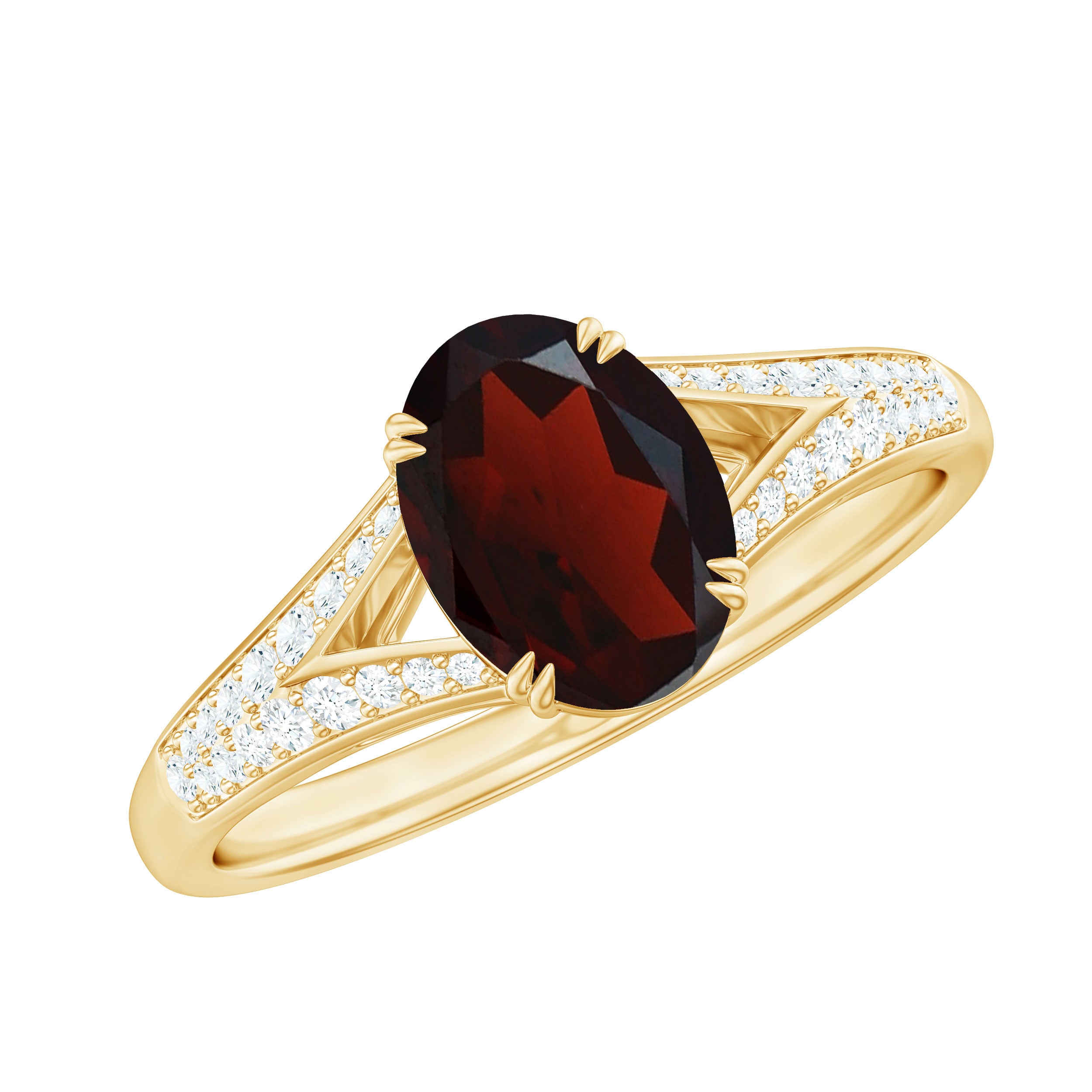 Oval Garnet Solitaire Engagement Ring with Diamond Garnet - ( AAA ) - Quality - Rosec Jewels