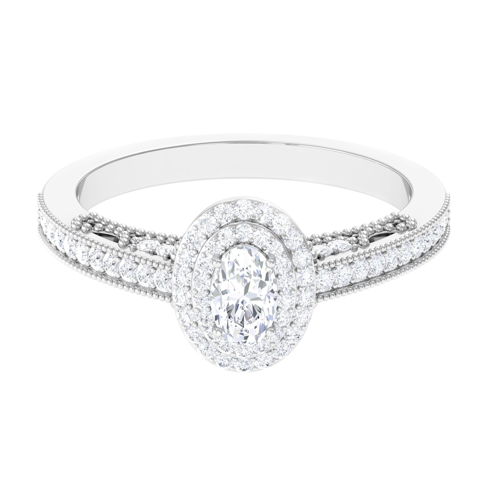 Oval Diamond Double Halo Engagement Ring with Beaded Detailing Diamond - ( HI-SI ) - Color and Clarity - Rosec Jewels