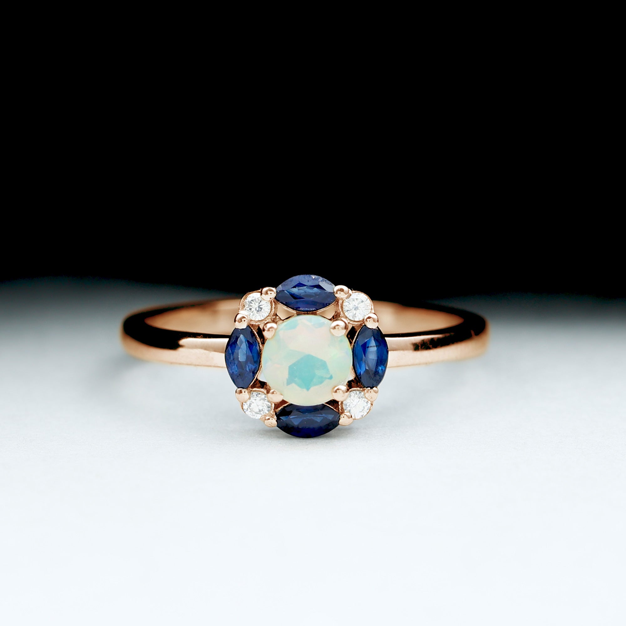 Ethiopian Opal Engagement Ring with Blue Sapphire and Moissanite Ethiopian Opal - ( AAA ) - Quality - Rosec Jewels