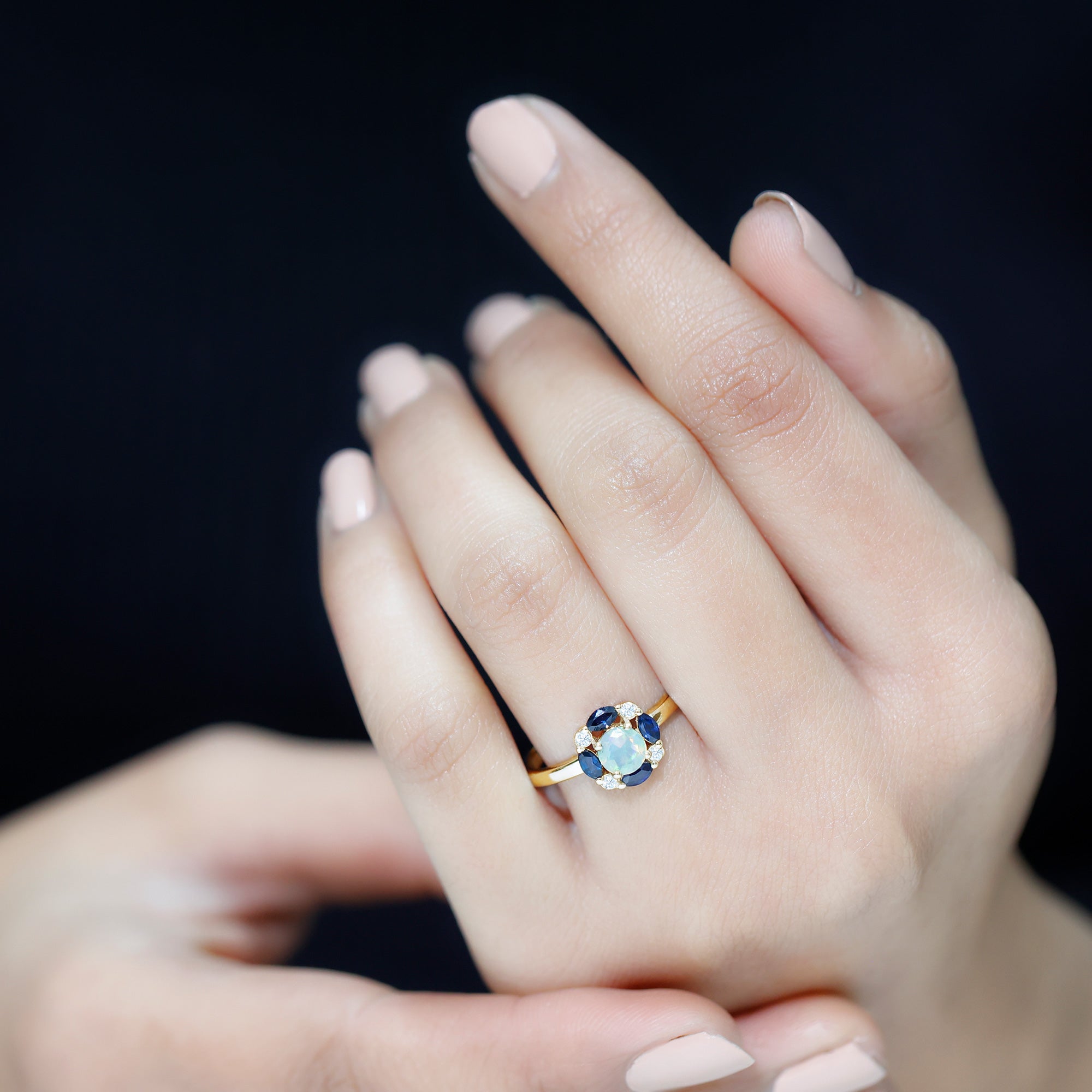 Ethiopian Opal Engagement Ring with Blue Sapphire and Moissanite Ethiopian Opal - ( AAA ) - Quality - Rosec Jewels