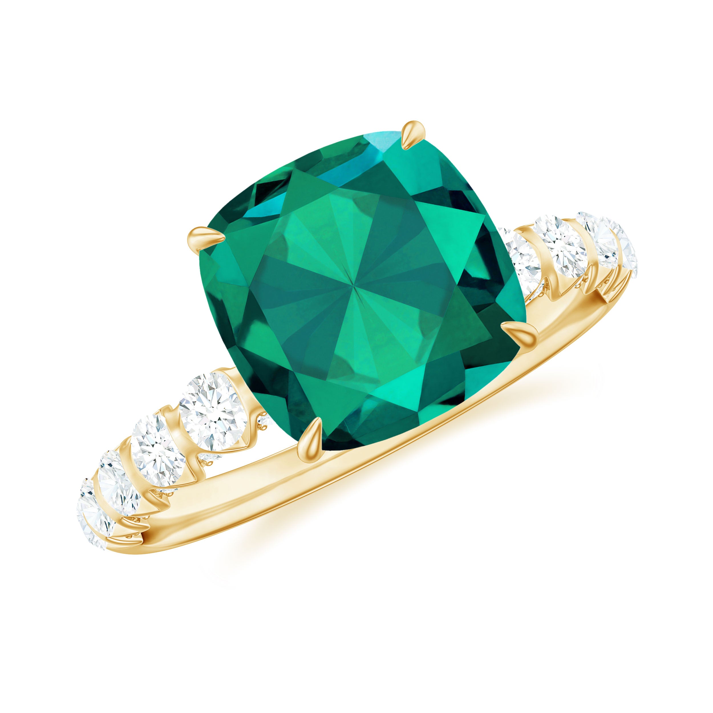 Cushion Cut Created Emerald Engagement Ring with Diamond Side Stones Lab Created Emerald - ( AAAA ) - Quality - Rosec Jewels