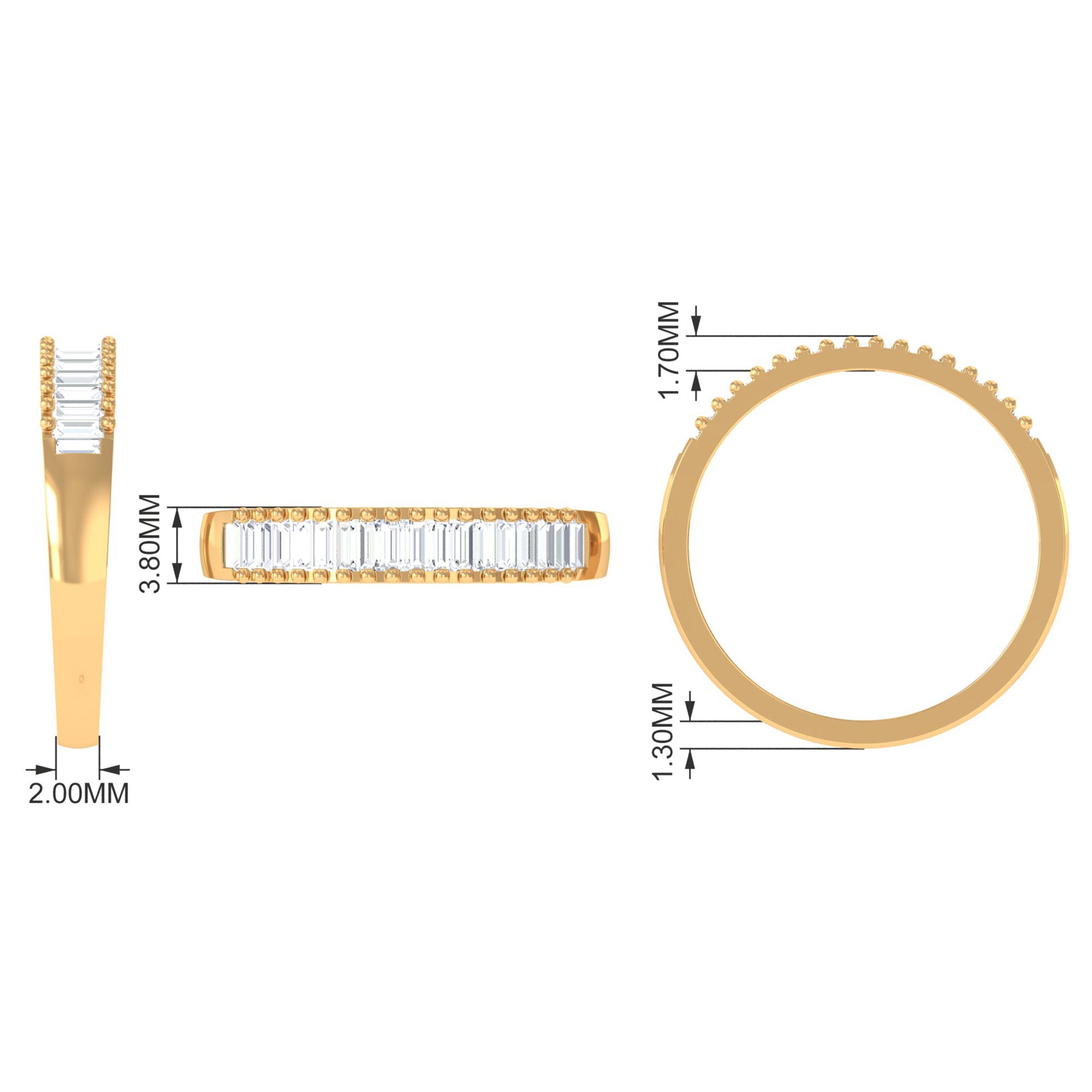 Baguette Cut Zircon Minimal Half Eternity Ring with Gold Beaded Zircon - ( AAAA ) - Quality - Rosec Jewels