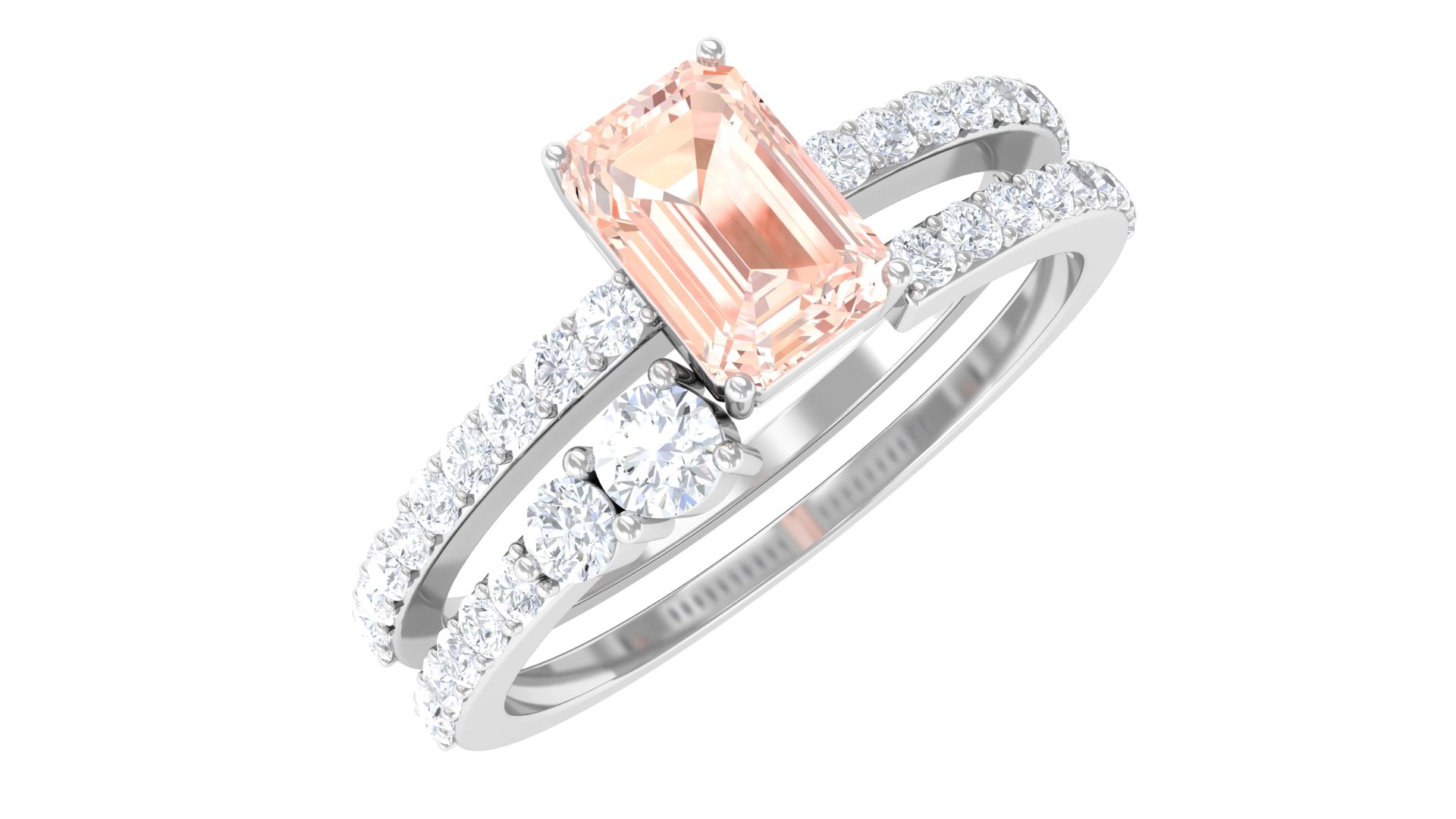 Natural Morganite and Diamond Stackable Ring Set Morganite - ( AAA ) - Quality - Rosec Jewels