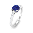 Round Shape Solitaire Created Blue Sapphire Designer Promise Ring with Diamond Lab Created Blue Sapphire - ( AAAA ) - Quality - Rosec Jewels