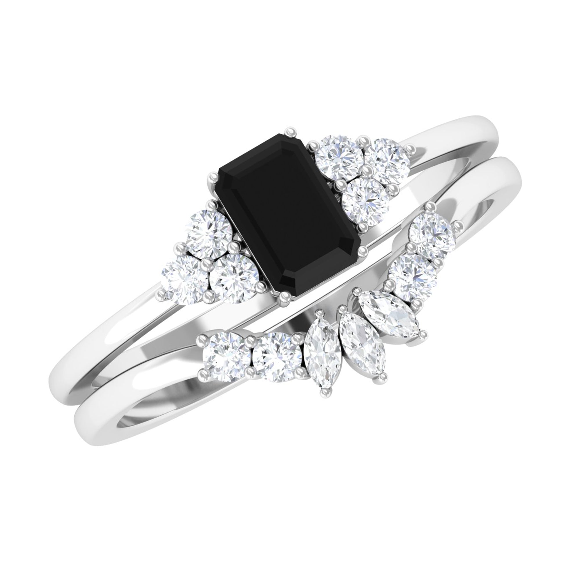 Created Black Diamond Engagement Ring Set with Diamond Lab Created Black Diamond - ( AAAA ) - Quality - Rosec Jewels