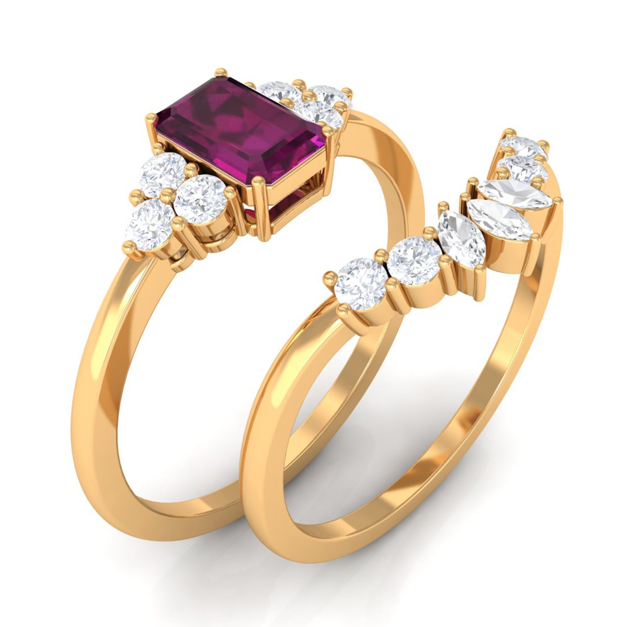 1.50 CT Solitaire Rhodolite and Diamond Wedding Ring Set Rhodolite - ( AAA ) - Quality - Rosec Jewels