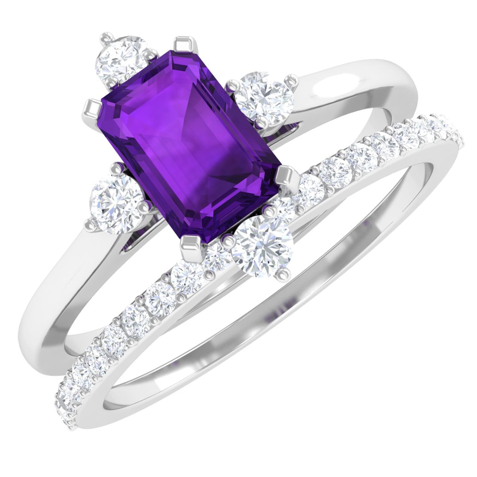 1.25 Ct Octagon Solitaire Amethyst and Diamond Ring Set Amethyst - ( AAA ) - Quality - Rosec Jewels