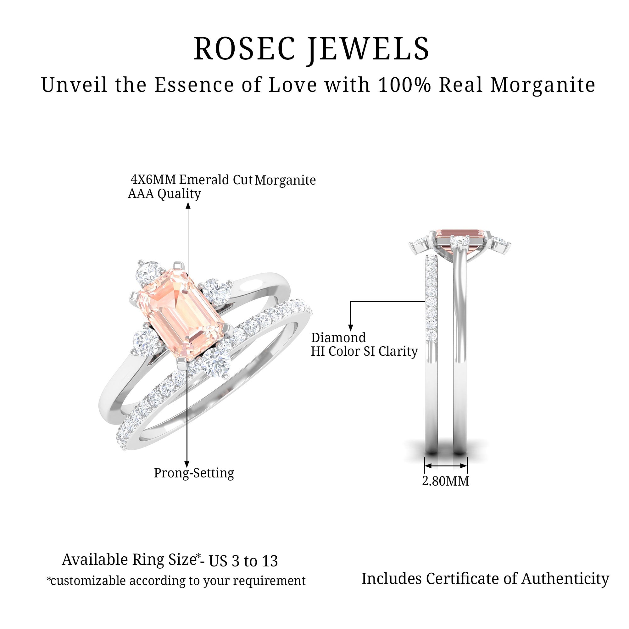 1.25 Carat Emerald Cut Morganite Solitaire Ring Set with Diamond Morganite - ( AAA ) - Quality - Rosec Jewels