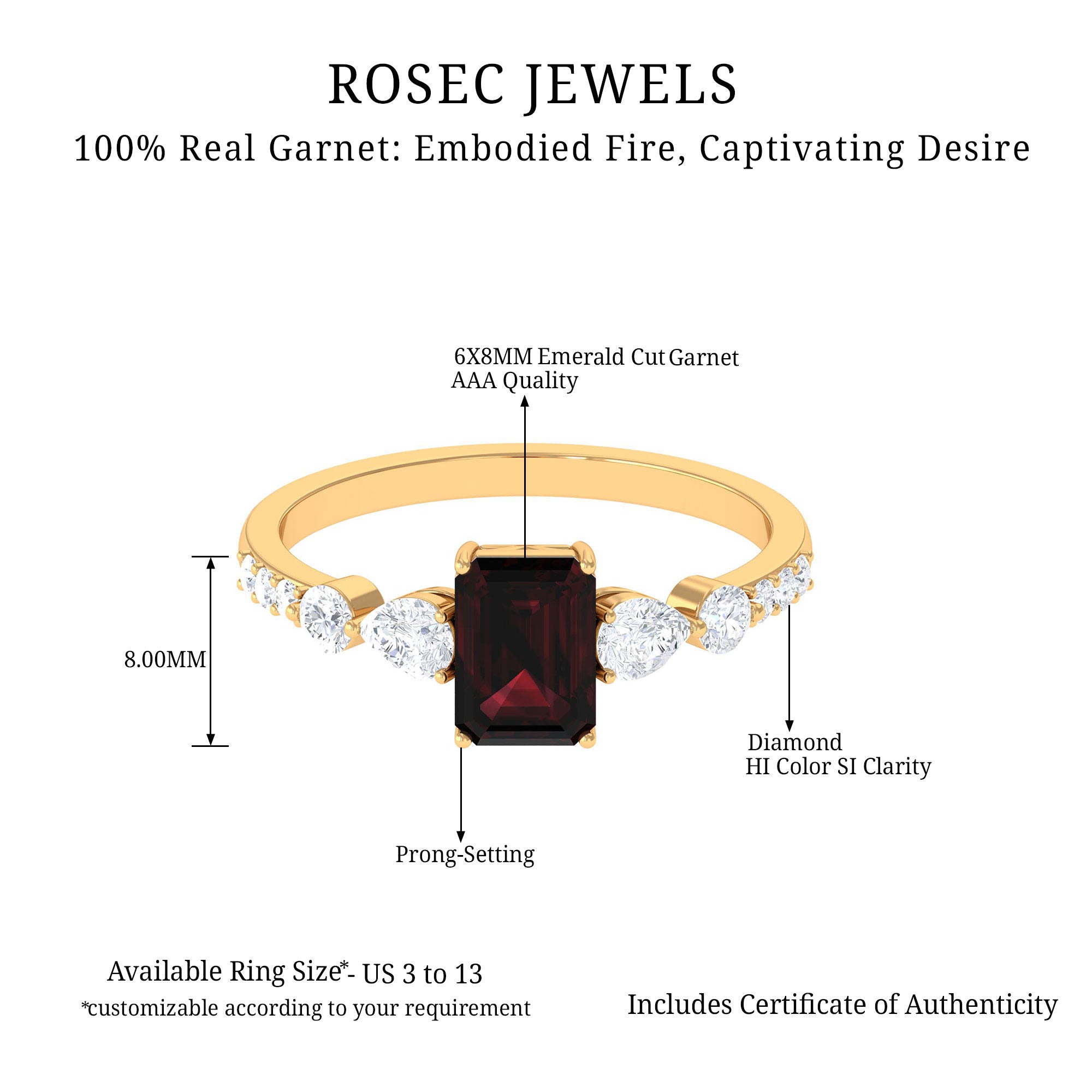 Solitaire Garnet Engagement Ring with Diamond Side Stones Garnet - ( AAA ) - Quality - Rosec Jewels