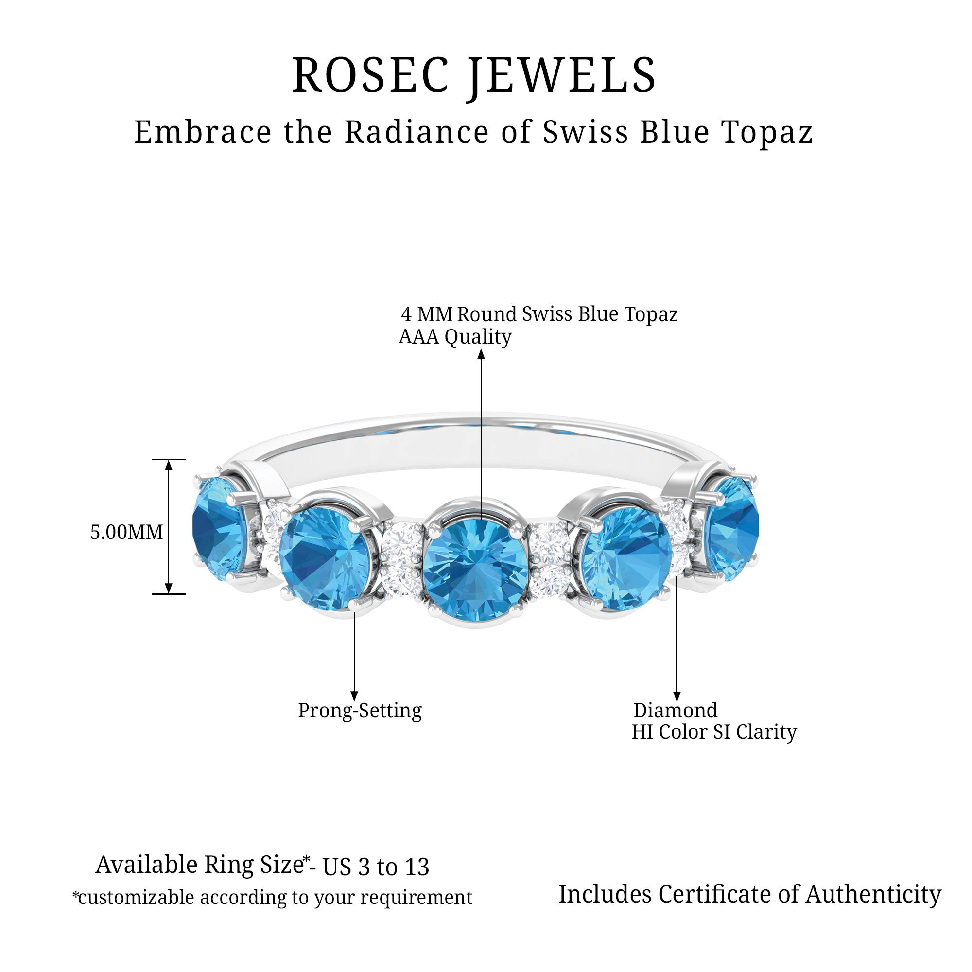 Round Swiss Blue Topaz and Diamond Half Eternity Ring Swiss Blue Topaz - ( AAA ) - Quality - Rosec Jewels