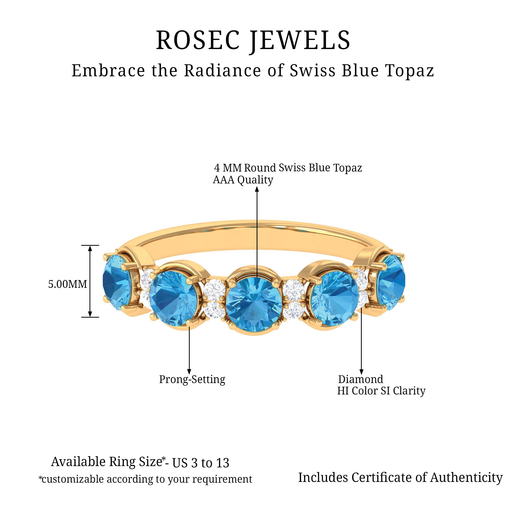 Round Swiss Blue Topaz and Diamond Half Eternity Ring Swiss Blue Topaz - ( AAA ) - Quality - Rosec Jewels