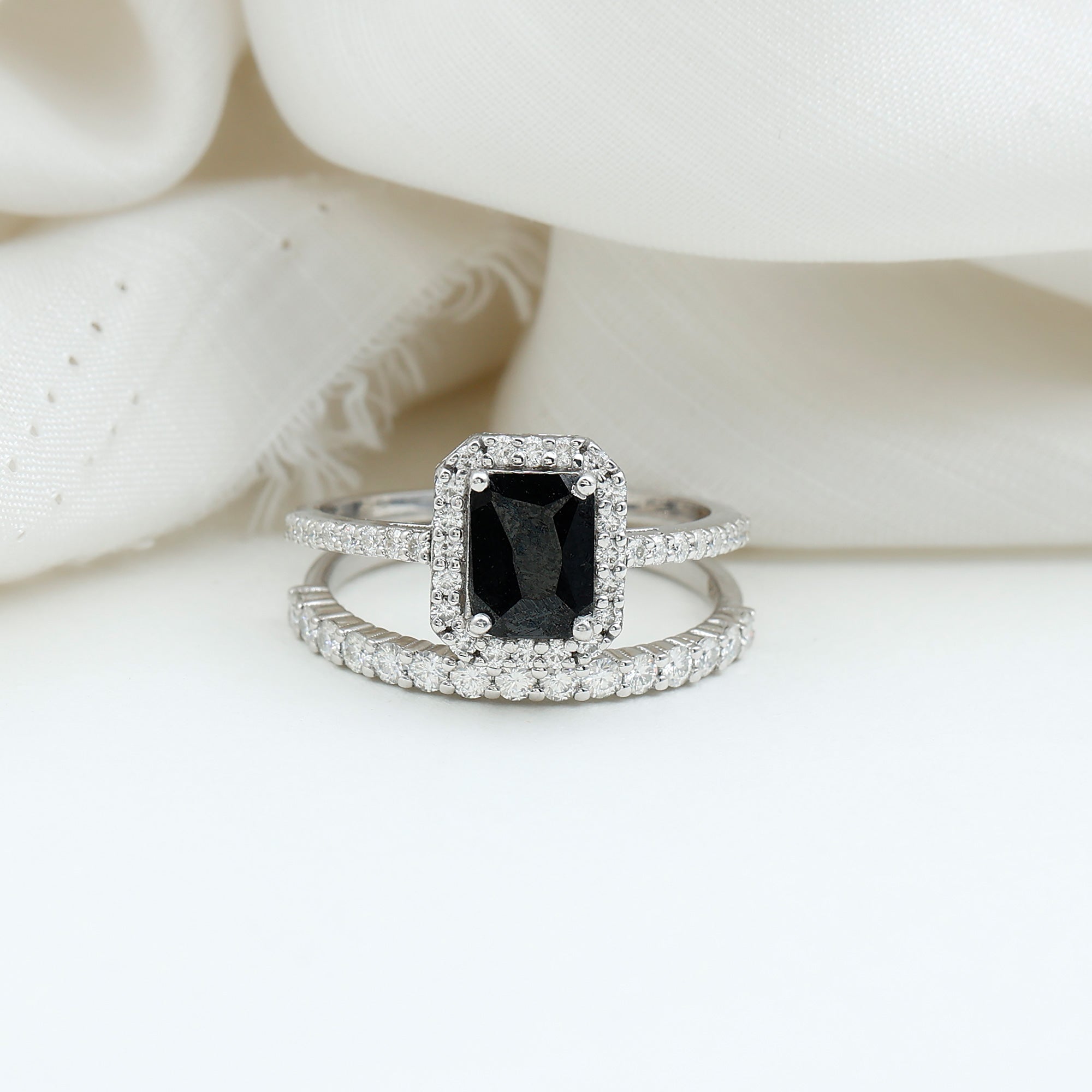 Real Black Onyx and Moissanite Stackable Ring Set Black Onyx - ( AAA ) - Quality 92.5 Sterling Silver 9 - Rosec Jewels