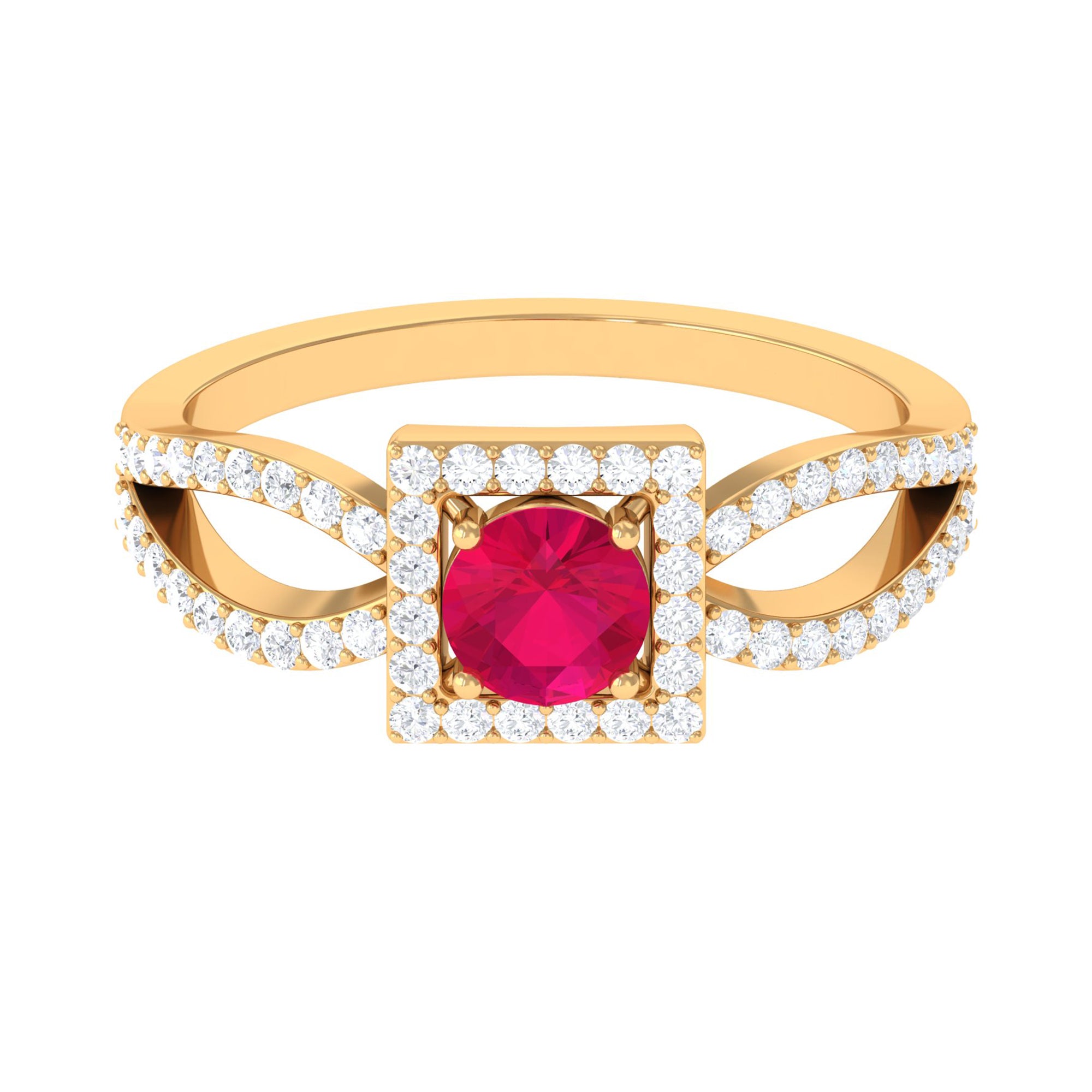 Split Shank Ruby Halo Engagement Ring with Diamond Ruby - ( AAA ) - Quality - Rosec Jewels