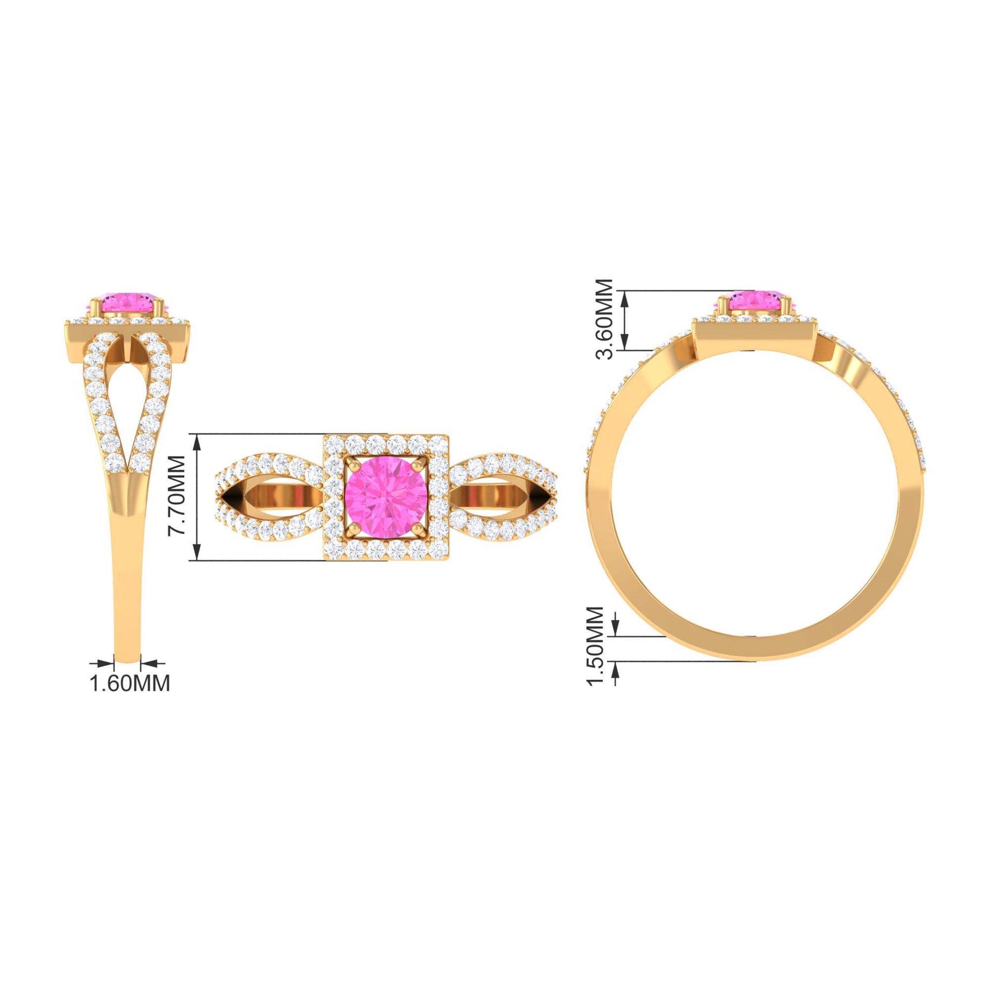 Round Pink Sapphire and Diamond Halo Ring in Split Shank Pink Sapphire - ( AAA ) - Quality - Rosec Jewels