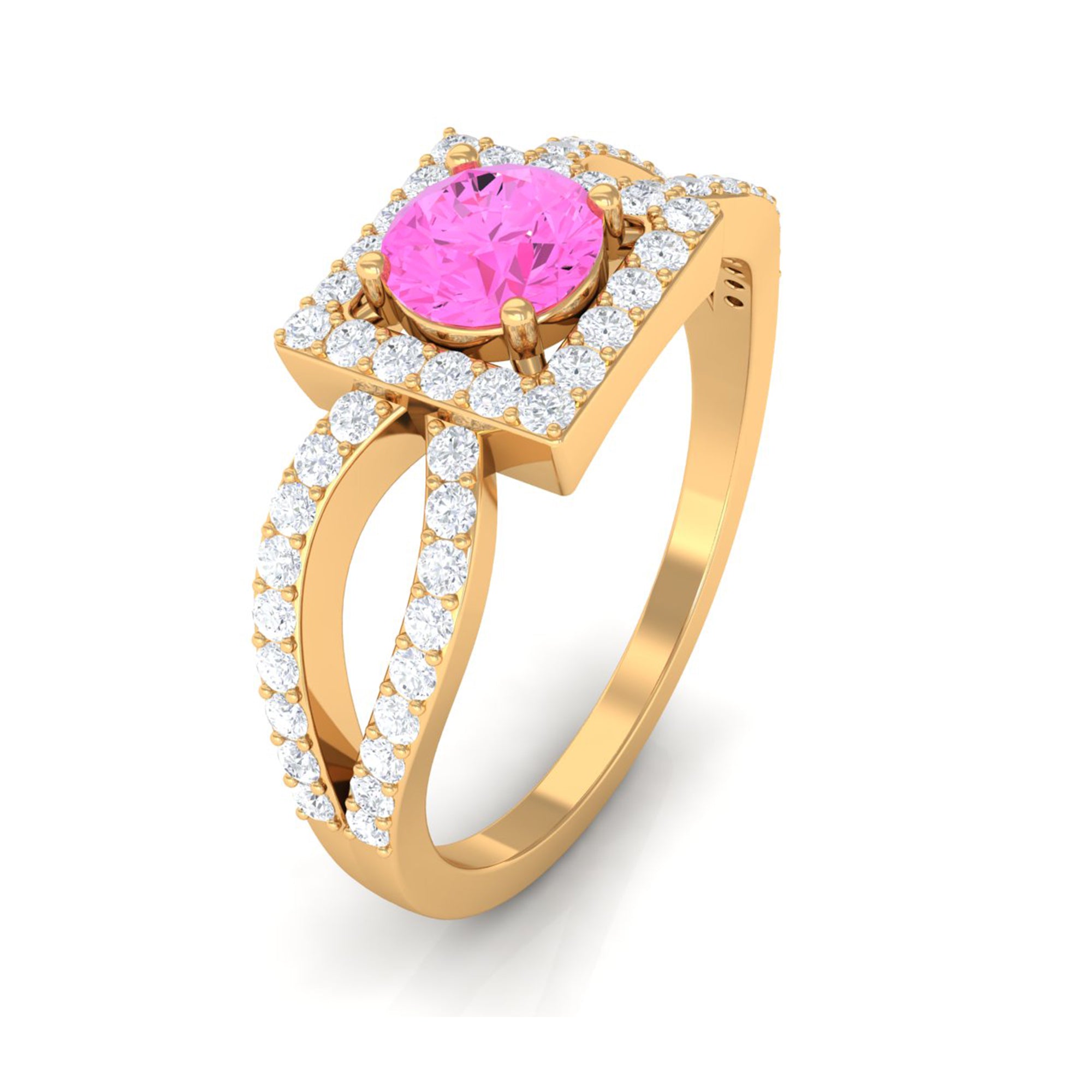 Round Pink Sapphire and Diamond Halo Ring in Split Shank Pink Sapphire - ( AAA ) - Quality - Rosec Jewels