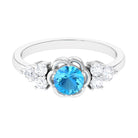 Round Shape Swiss Blue Topaz Floral Engagement Ring with Diamond Trio Swiss Blue Topaz - ( AAA ) - Quality - Rosec Jewels