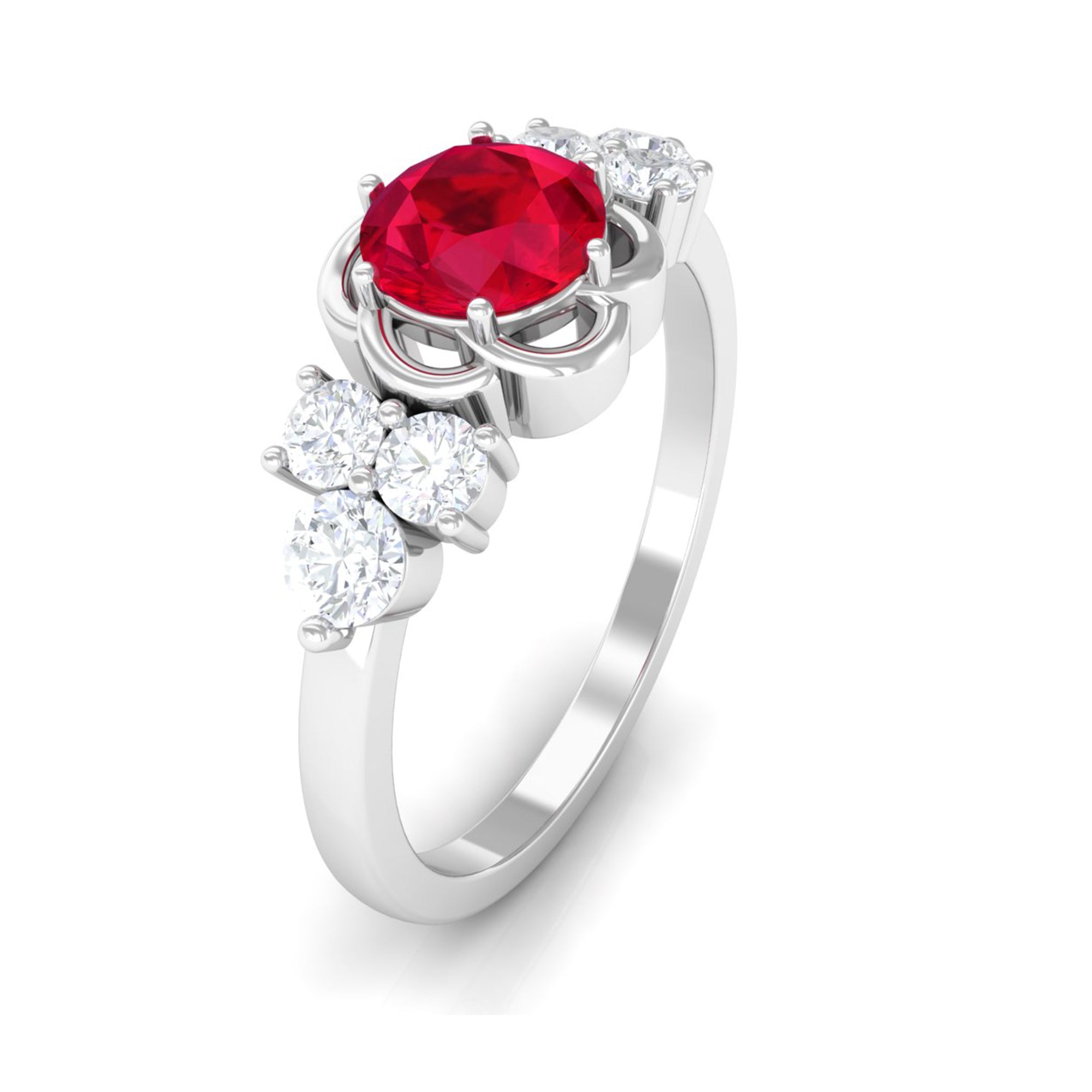 Lab Grown Ruby Flower Ring with Diamond Trio Lab Created Ruby - ( AAAA ) - Quality - Rosec Jewels