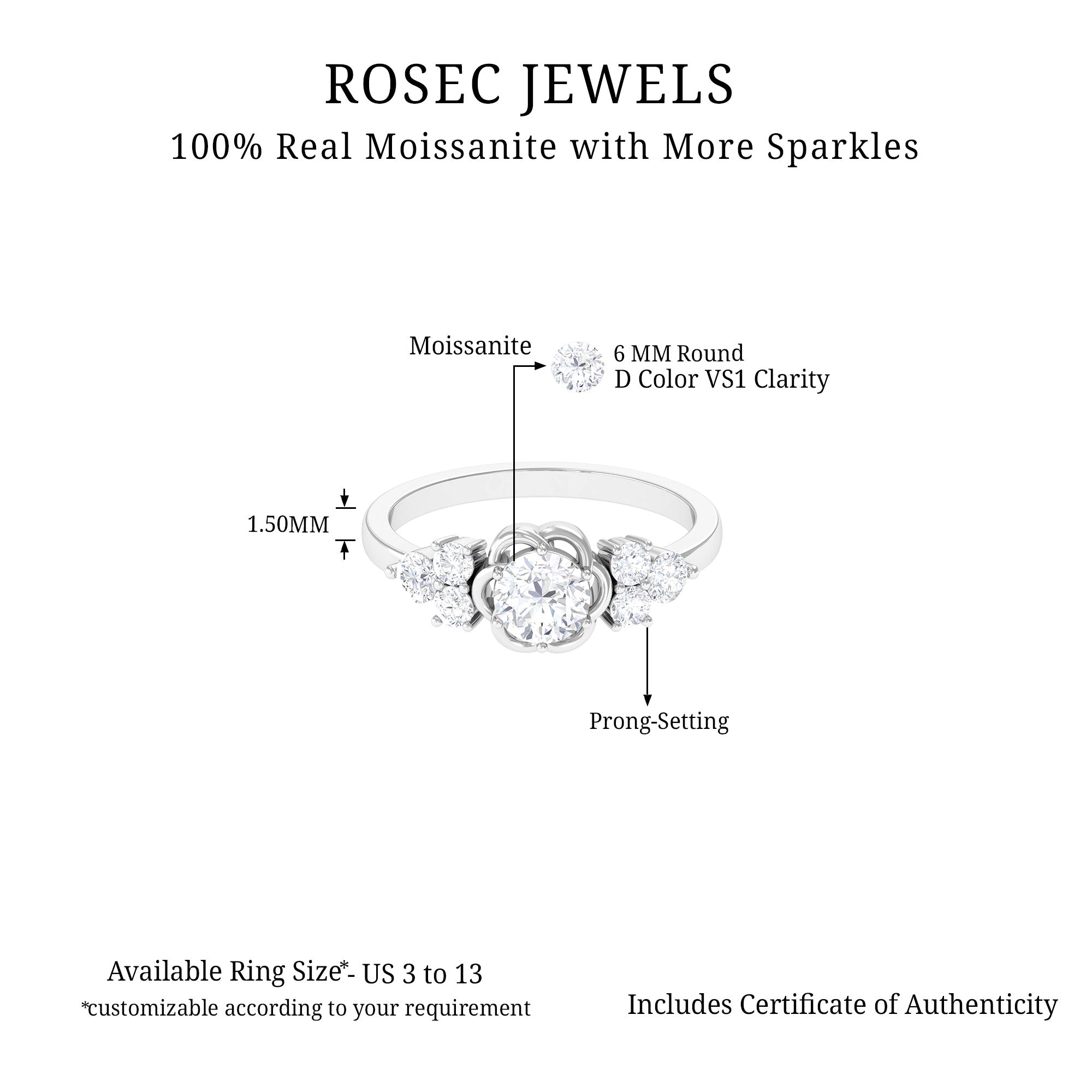 Certified Round Moissanite Flower Engagement Ring Moissanite - ( D-VS1 ) - Color and Clarity - Rosec Jewels