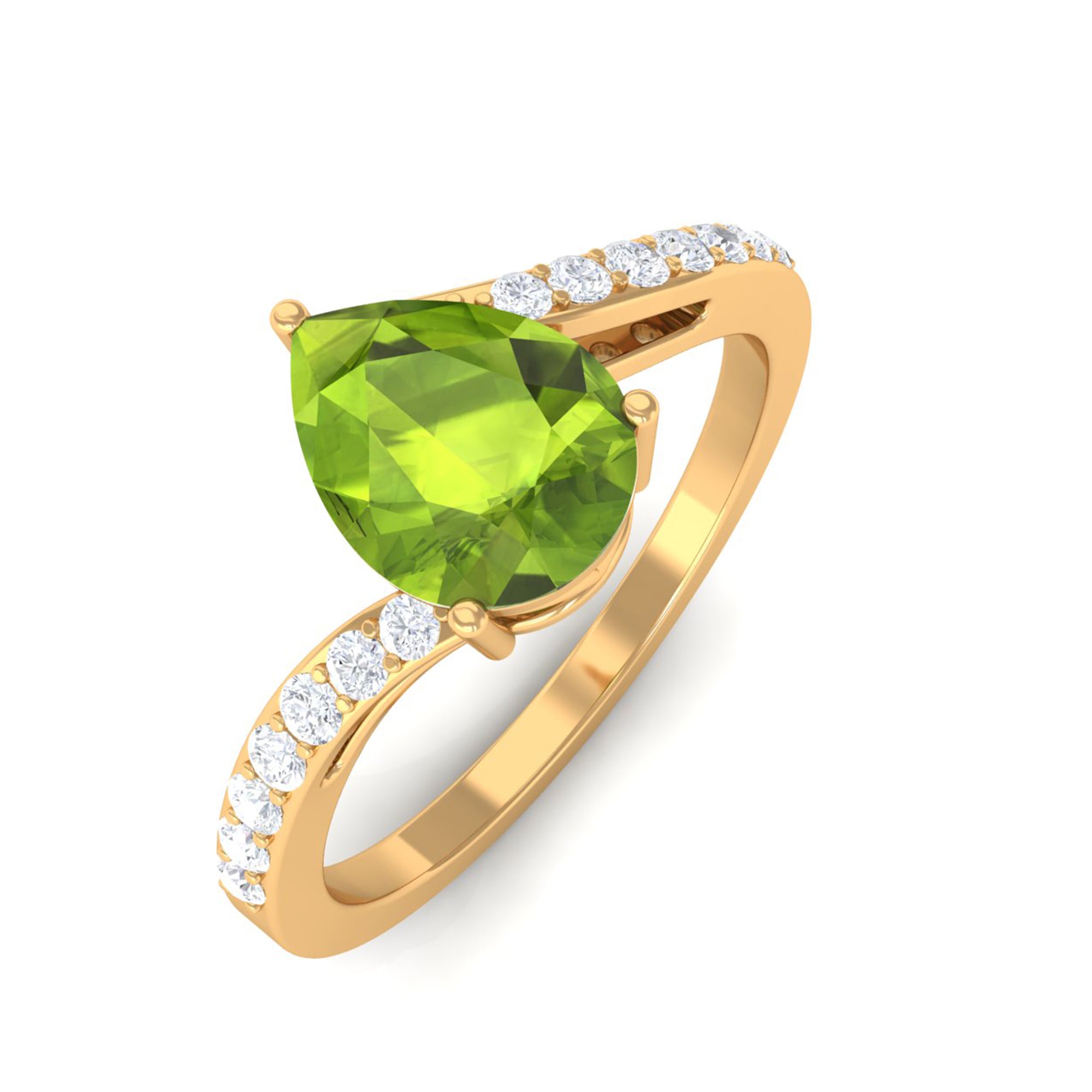 1.25 CT Pear Peridot Solitaire Bypass Ring with Diamond Peridot - ( AAA ) - Quality - Rosec Jewels