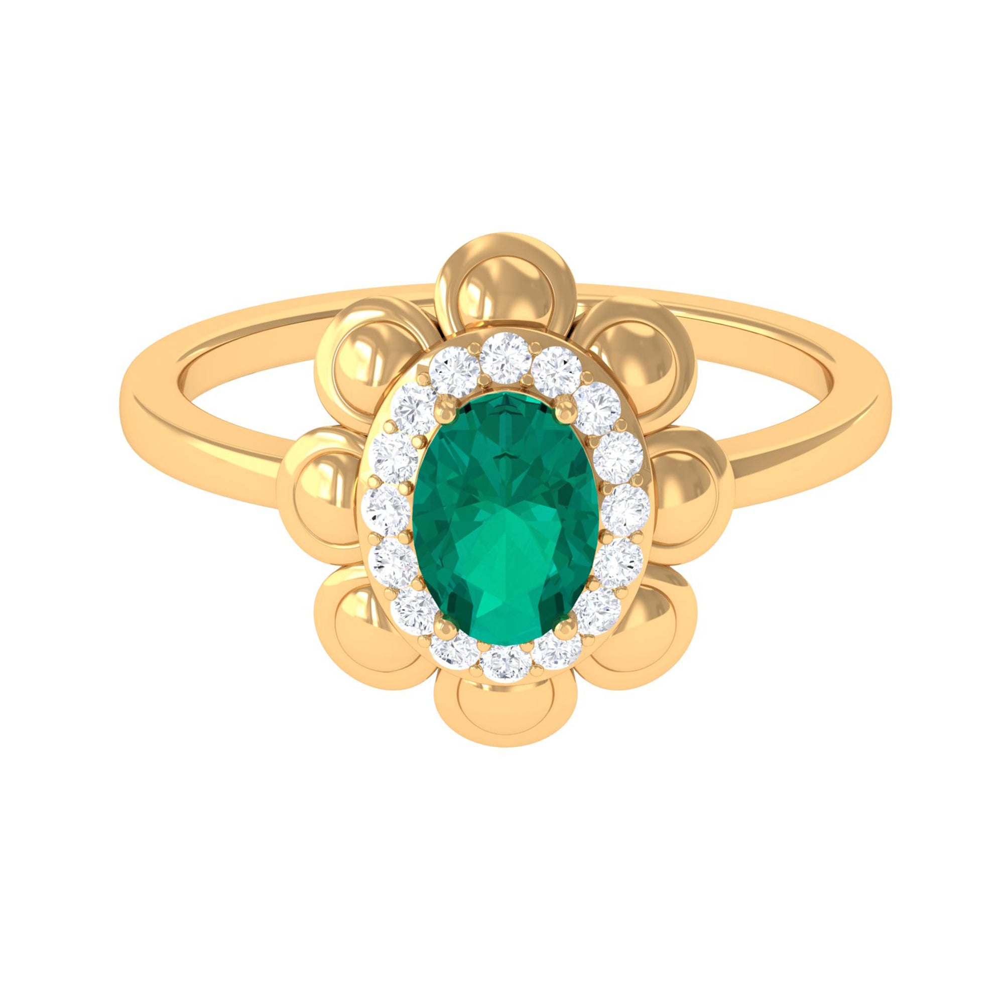 Oval Shape Emerald Flower Engagement Ring with Diamond Halo Emerald - ( AAA ) - Quality - Rosec Jewels