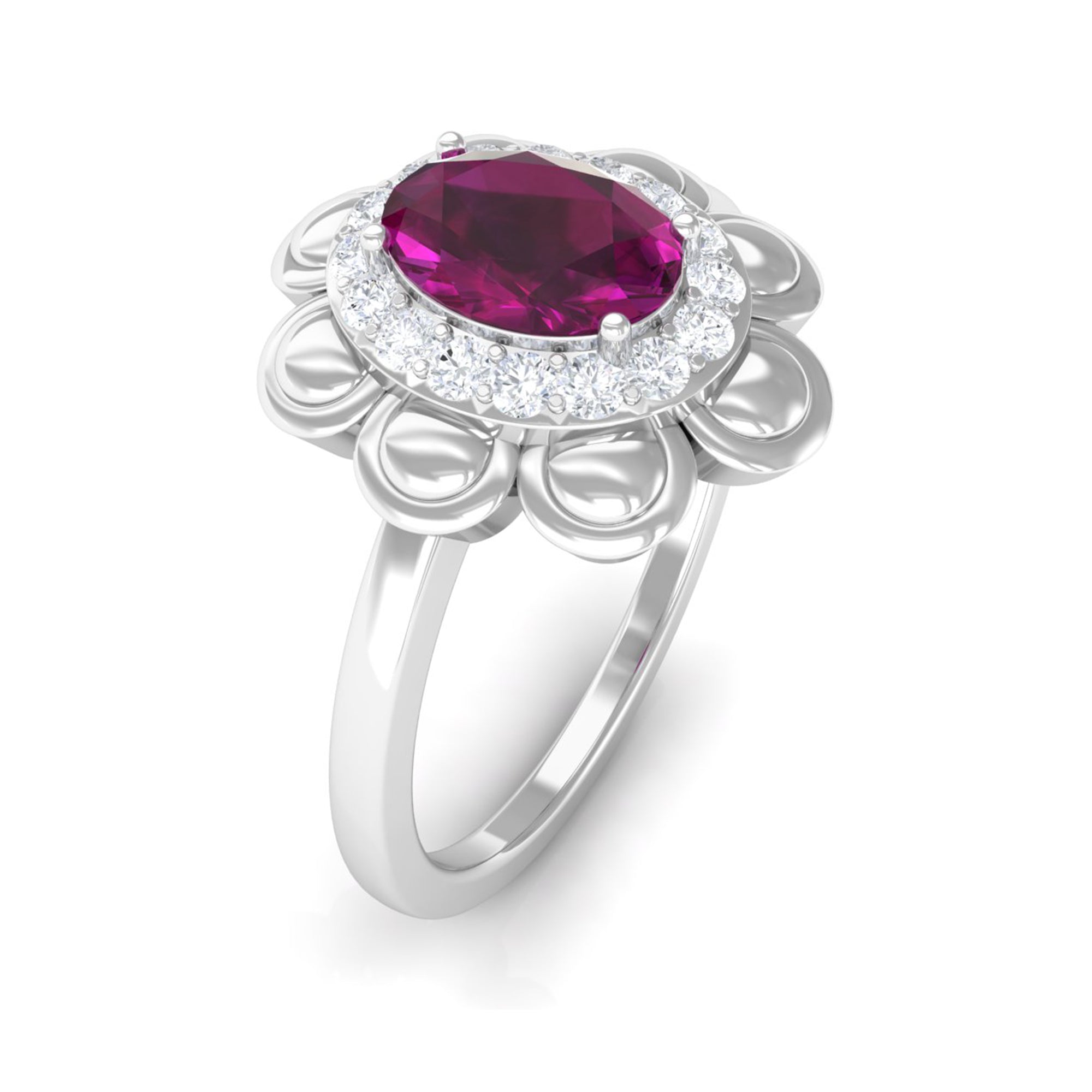 Oval Shape Rhodolite Flower Engagement Ring with Diamond Halo Rhodolite - ( AAA ) - Quality - Rosec Jewels