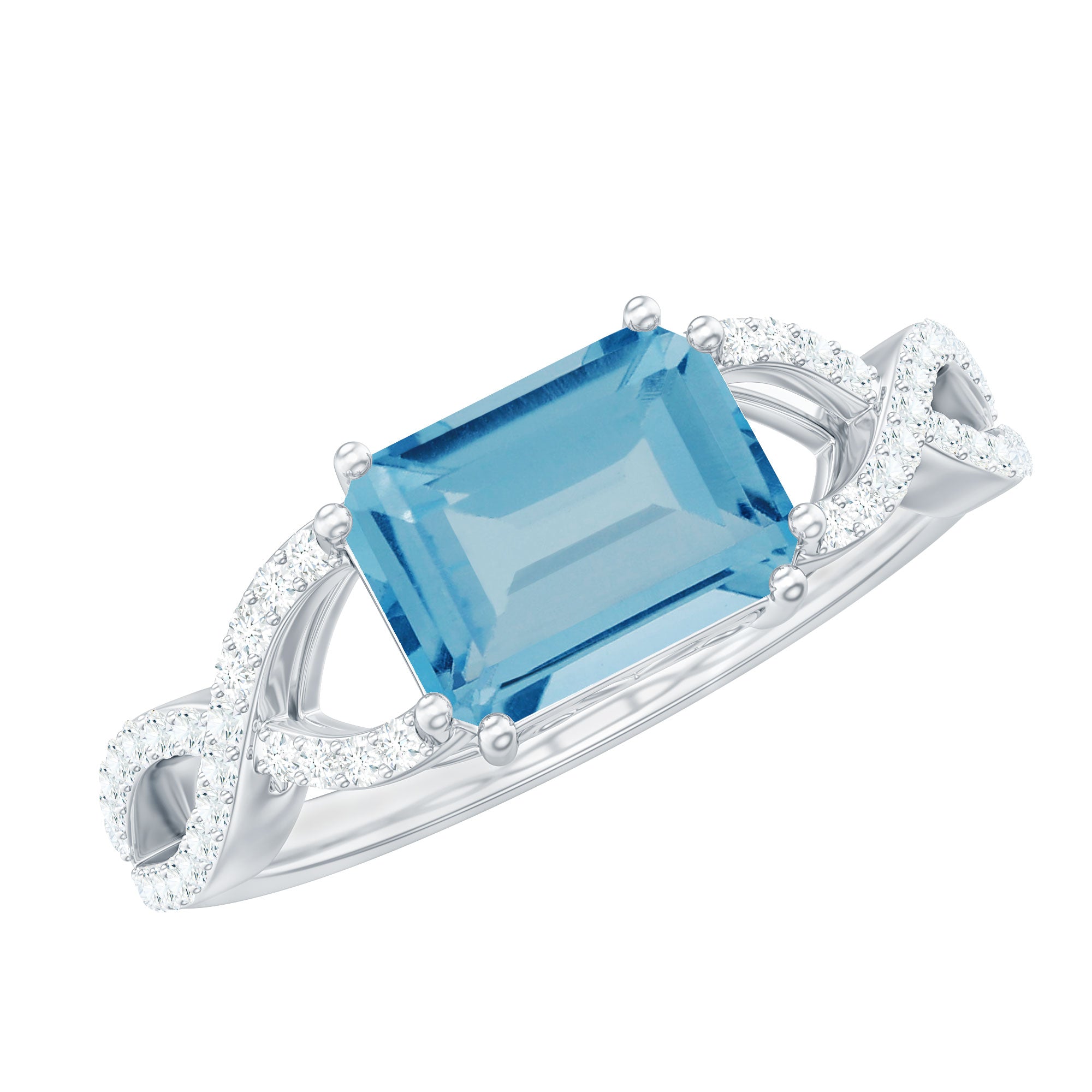 Emerald Cut Swiss Blue Topaz East-West Crossover Ring with Diamond Swiss Blue Topaz - ( AAA ) - Quality - Rosec Jewels