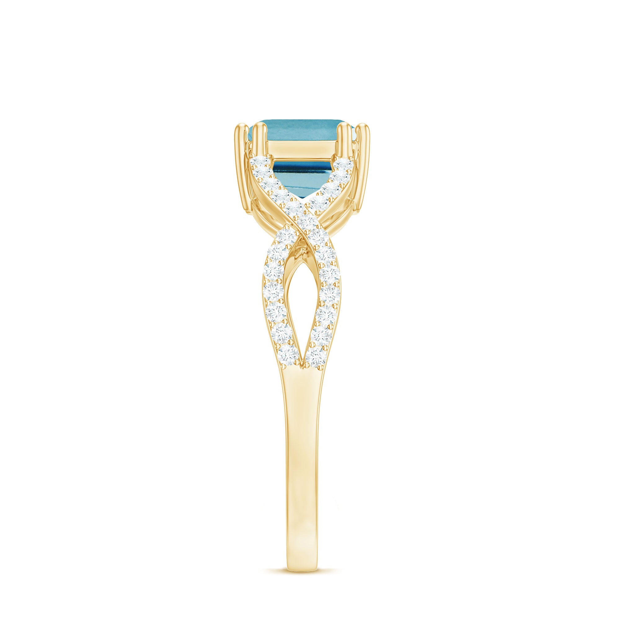 Emerald Cut Swiss Blue Topaz East-West Crossover Ring with Diamond Swiss Blue Topaz - ( AAA ) - Quality - Rosec Jewels