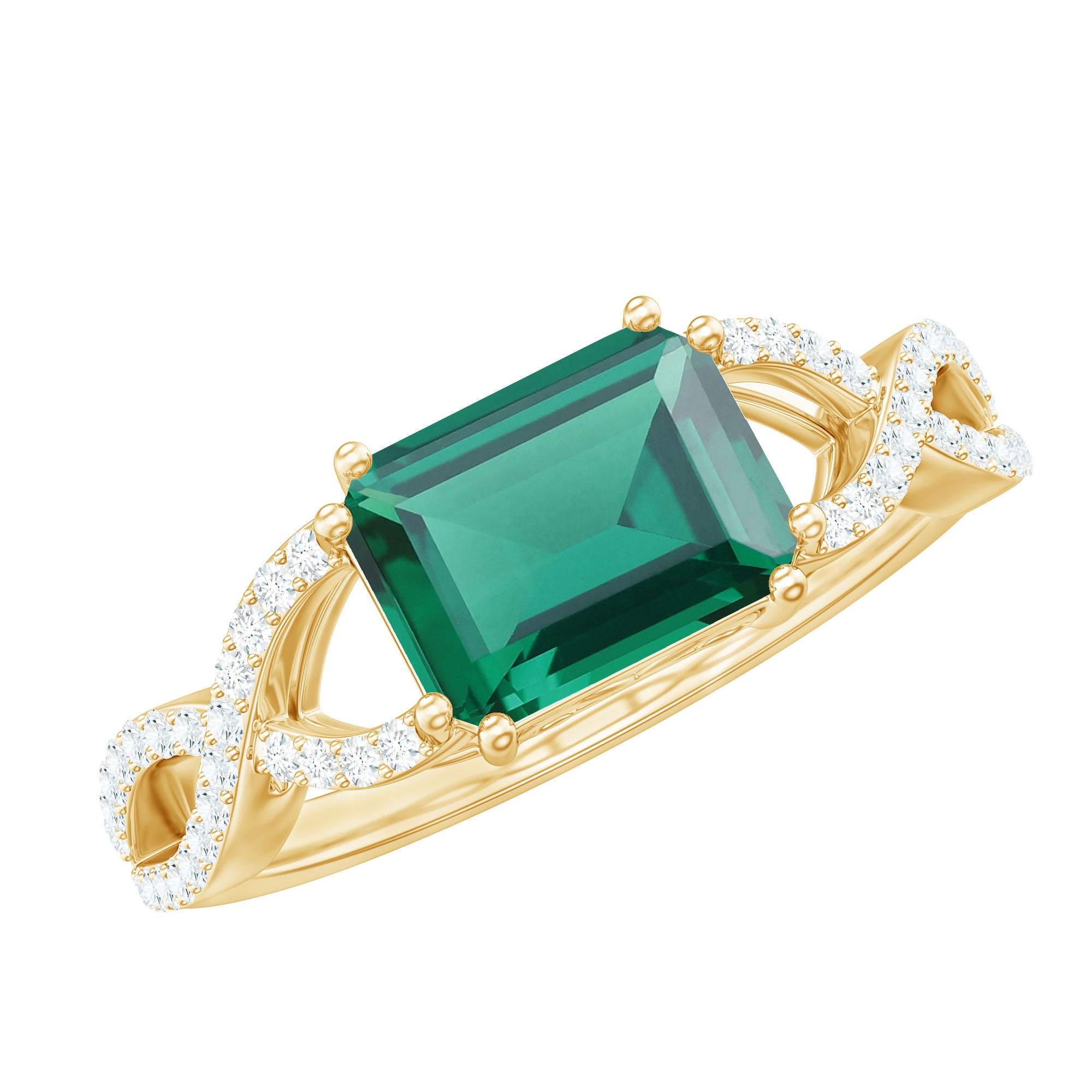 Octagon Created Emerald East-West Crossover Ring with Diamond Lab Created Emerald - ( AAAA ) - Quality - Rosec Jewels