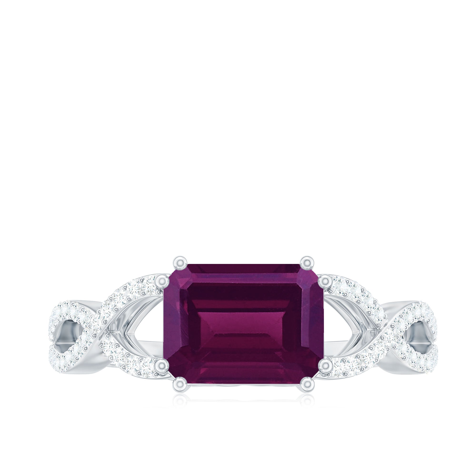 2.25 CT Emerald Cut Rhodolite East West Engagement Ring with Crossover Diamond Rhodolite - ( AAA ) - Quality - Rosec Jewels