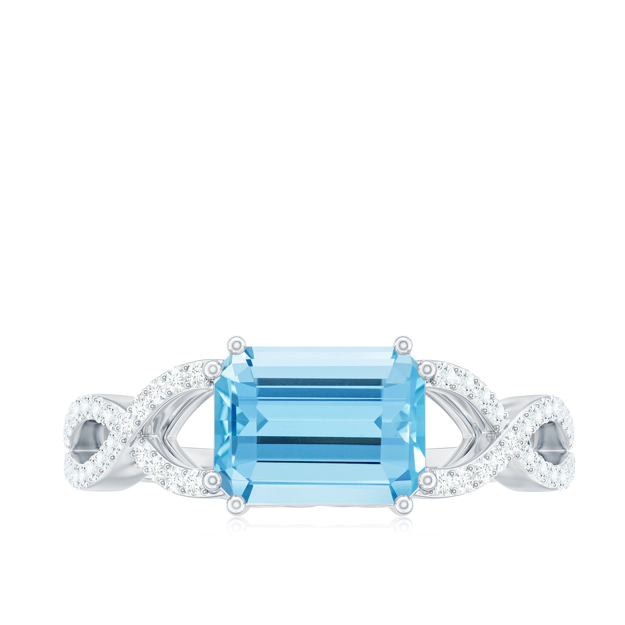 Emerald Cut Aquamarine East West Crossover Ring with Diamond Aquamarine - ( AAA ) - Quality - Rosec Jewels