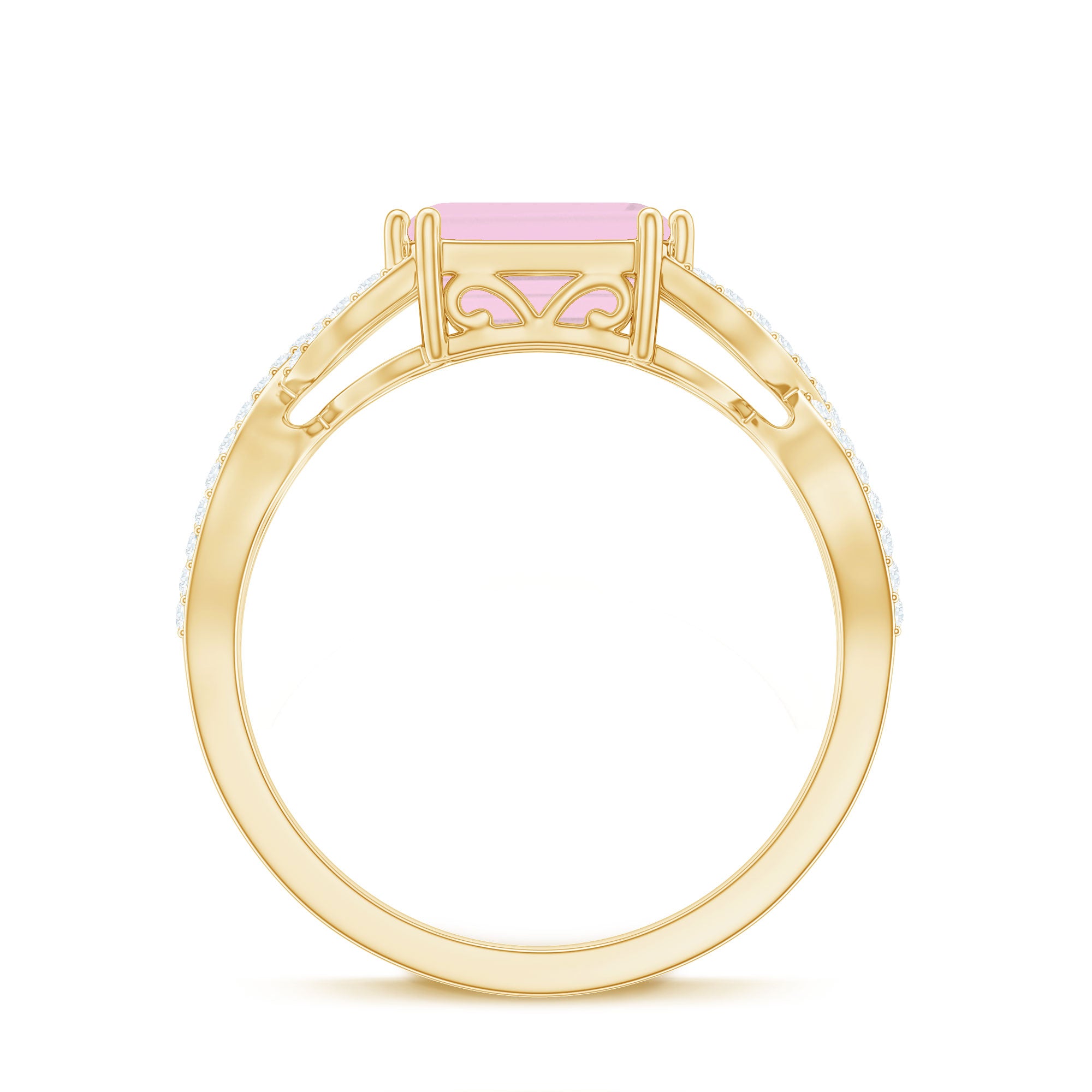 Emerald Cut Rose Quartz East West Crossover Ring with Diamond Rose Quartz - ( AAA ) - Quality - Rosec Jewels