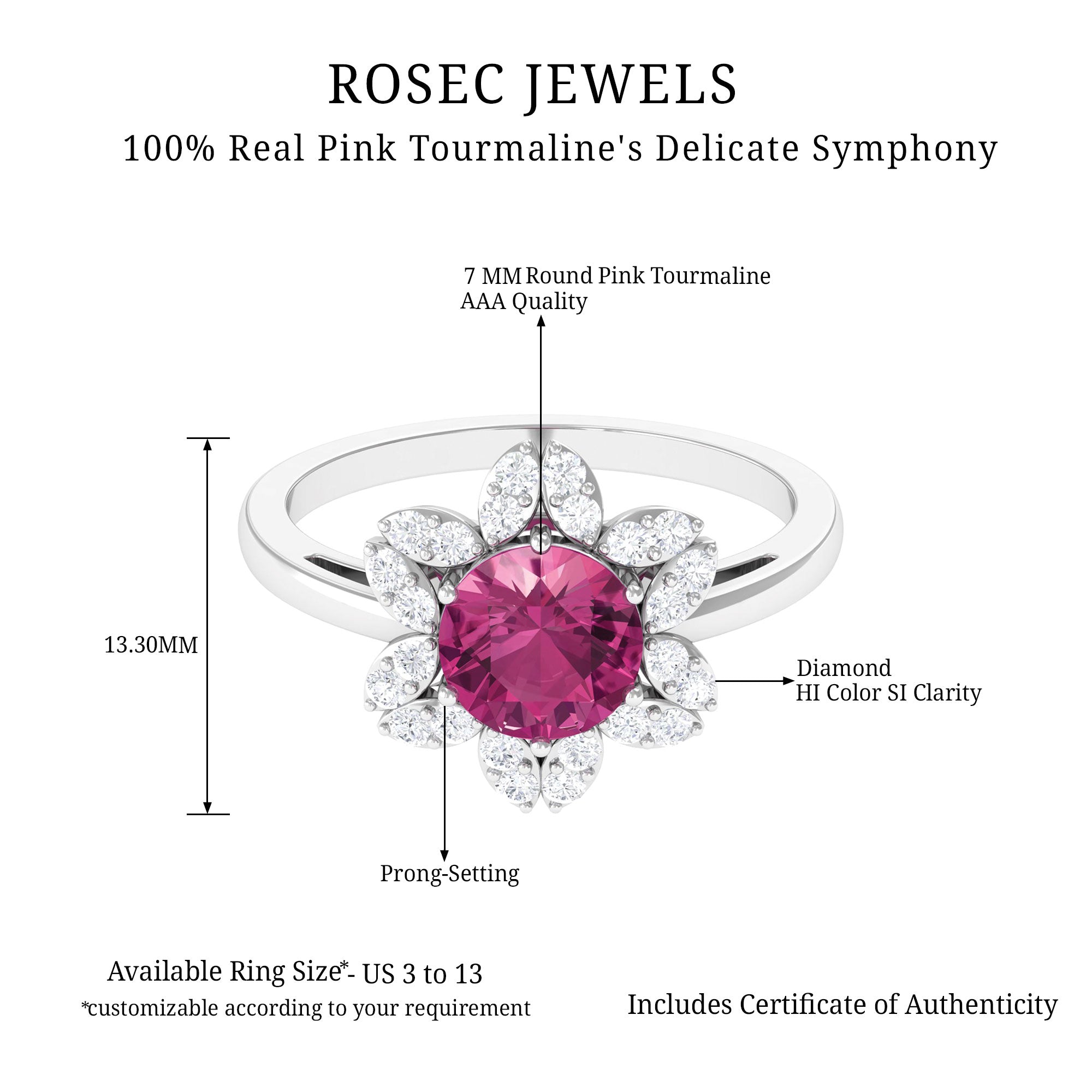 Real Pink Tourmaline Flower Halo Ring with Diamond Pink Tourmaline - ( AAA ) - Quality - Rosec Jewels