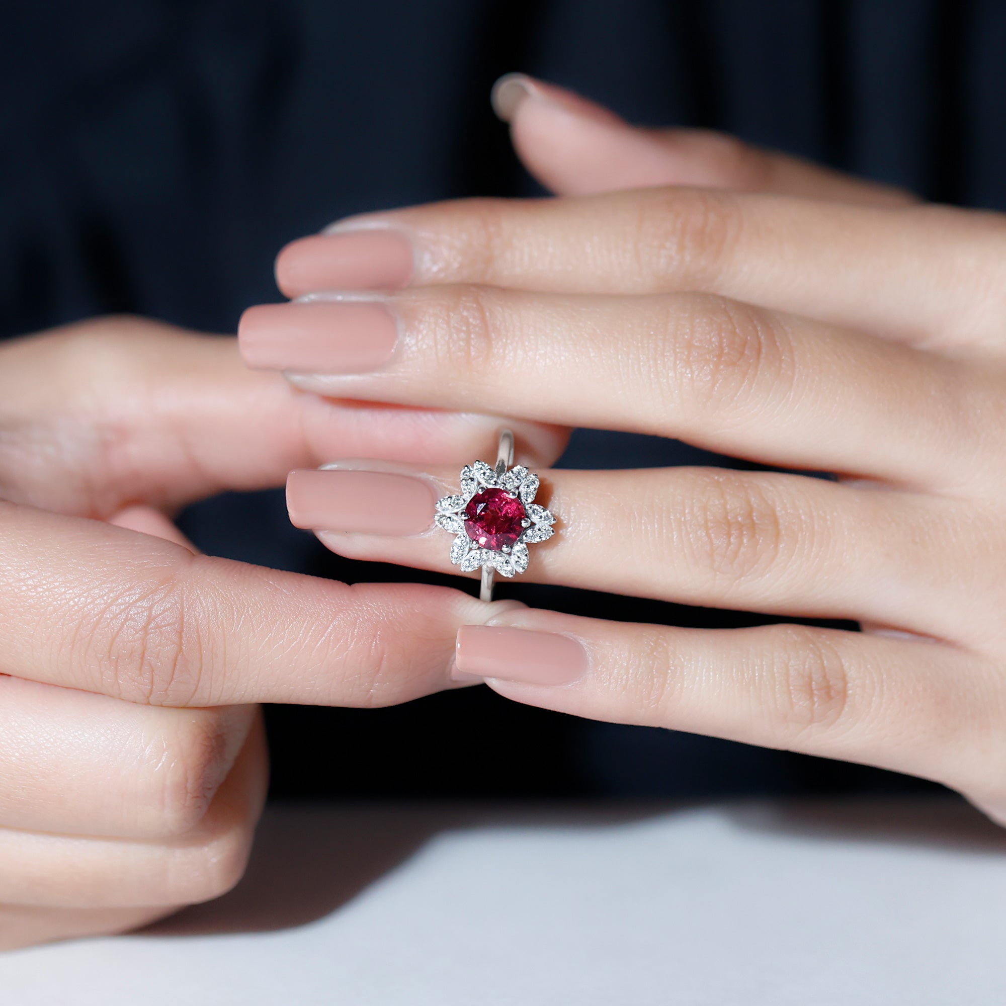 Real Pink Tourmaline Flower Halo Ring with Diamond Pink Tourmaline - ( AAA ) - Quality - Rosec Jewels