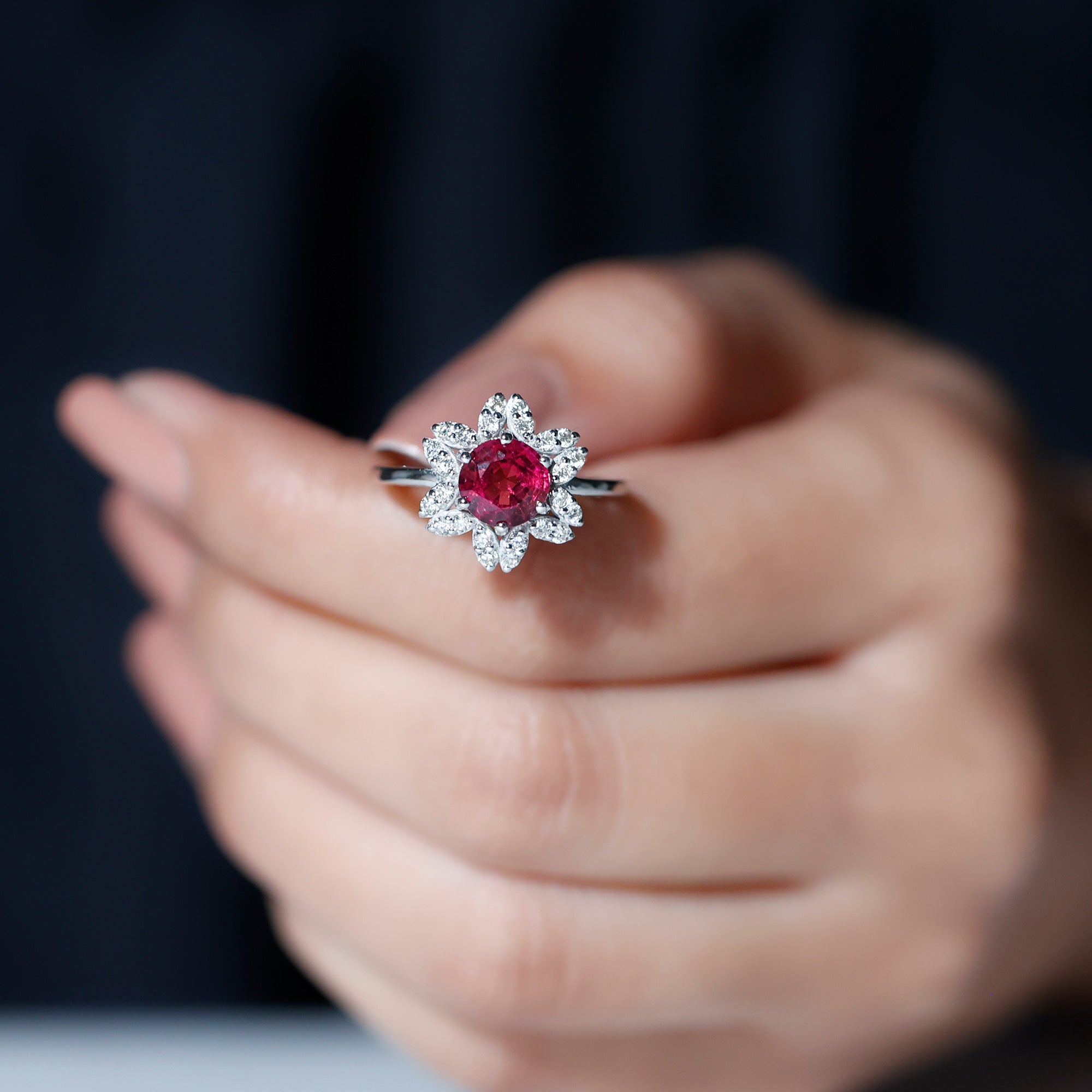 Real Pink Tourmaline Flower Halo Ring with Diamond Pink Tourmaline - ( AAA ) - Quality - Rosec Jewels