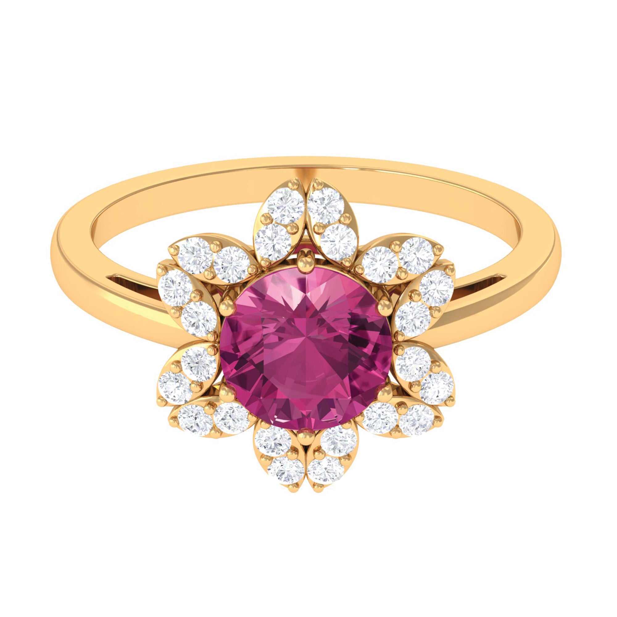 Real Pink Tourmaline Flower Halo Ring with Diamond Pink Tourmaline - ( AAA ) - Quality - Rosec Jewels