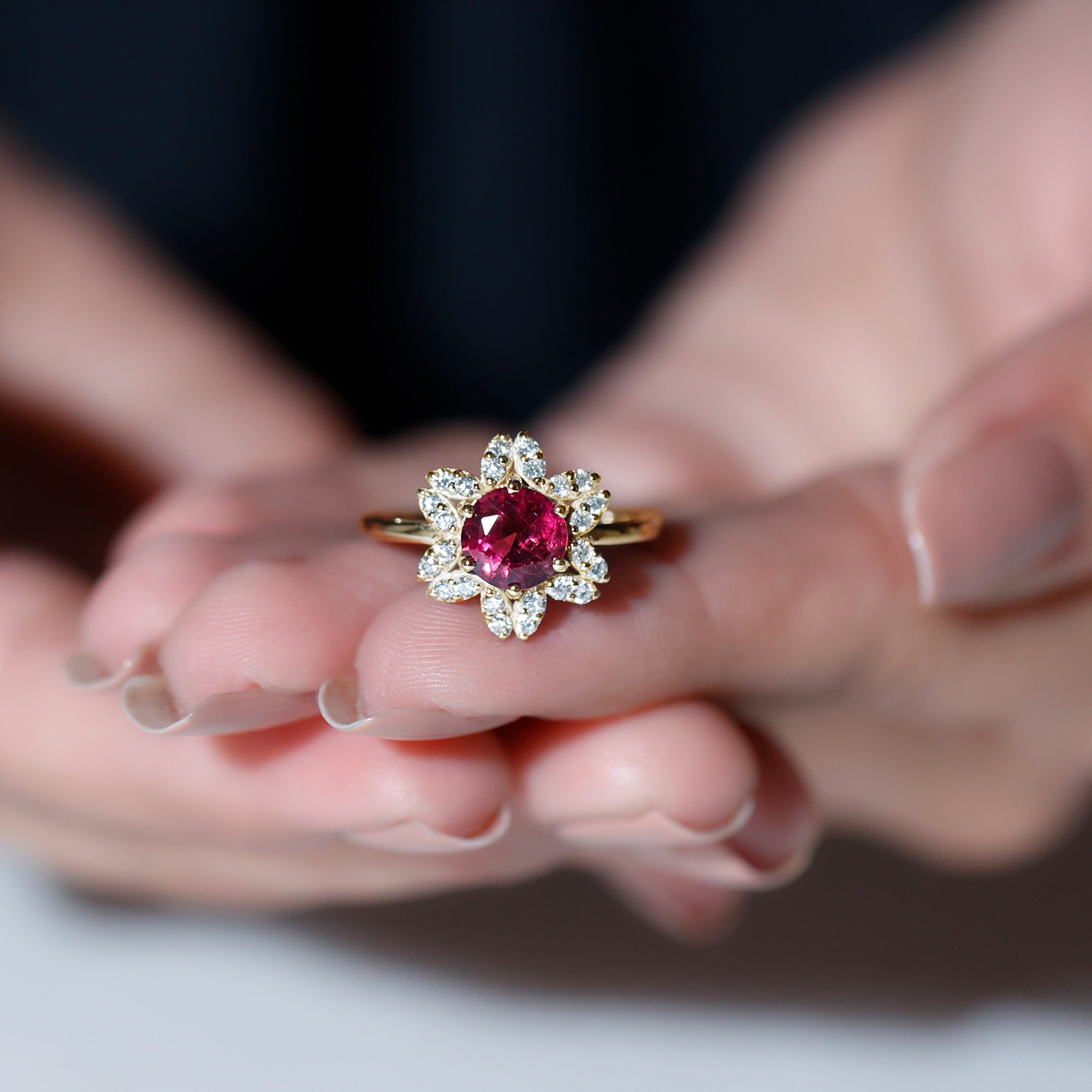 Real Pink Tourmaline Flower Halo Ring with Diamond Pink Tourmaline - ( AAA ) - Quality - Rosec Jewels