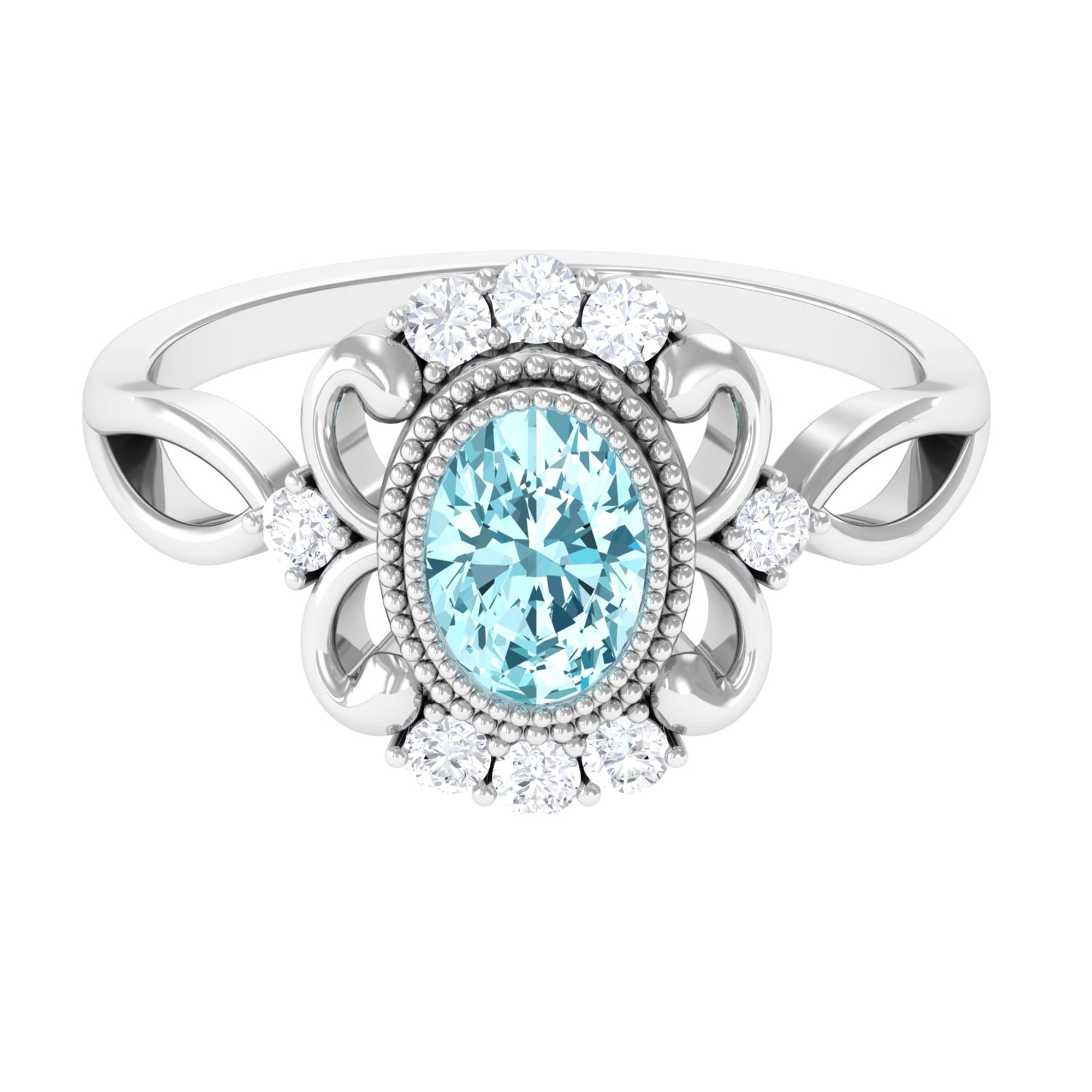 Vintage Inspired Aquamarine Solitaire Engagement Ring with Diamond Aquamarine - ( AAA ) - Quality - Rosec Jewels