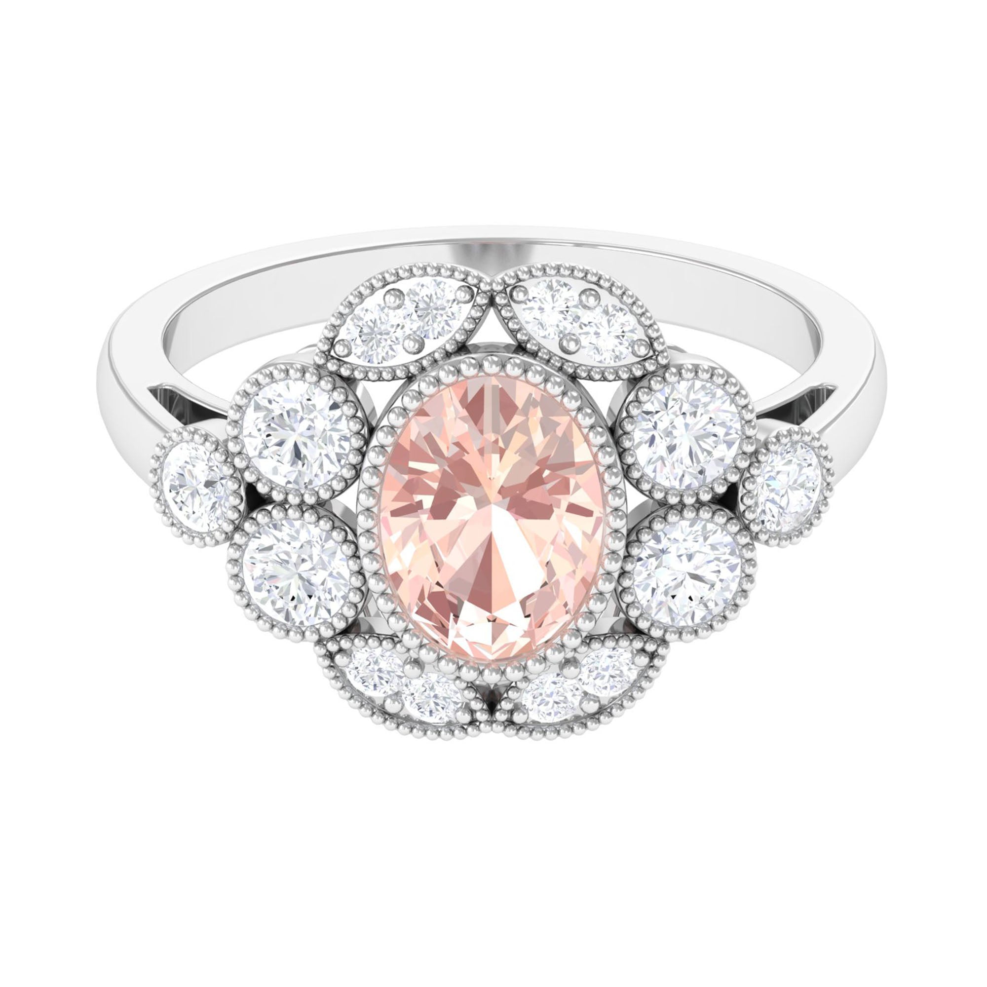 2 CT Oval Morganite Statement Engagement Ring with Diamond Halo Morganite - ( AAA ) - Quality - Rosec Jewels