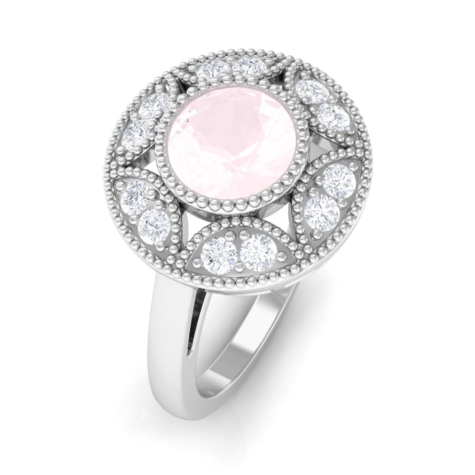 1.25 CT Round Rose Quartz and Diamond Vintage Engagement Ring Rose Quartz - ( AAA ) - Quality - Rosec Jewels