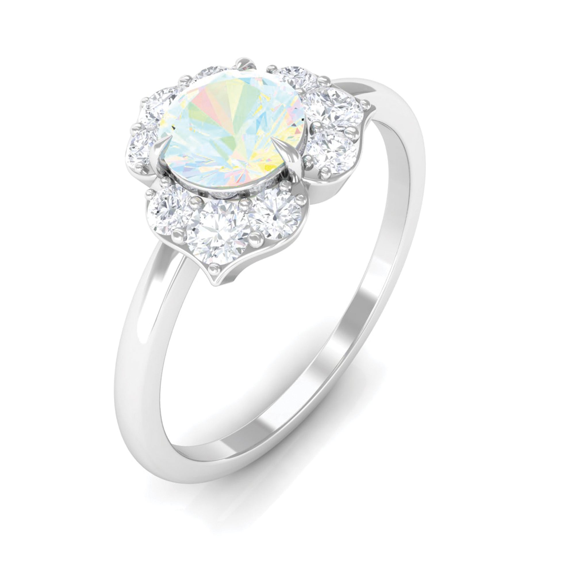 Round Ethiopian Opal Flower Engagement Ring with Diamond Ethiopian Opal - ( AAA ) - Quality - Rosec Jewels