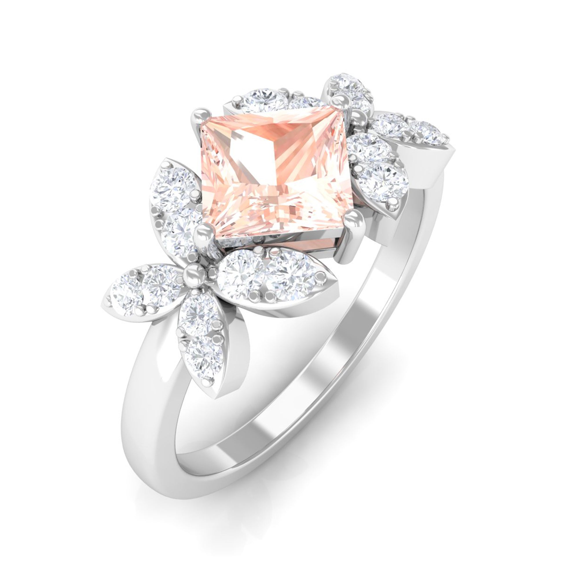 1.25 CT Princess Cut Morganite Floral Engagement Ring with Diamond Morganite - ( AAA ) - Quality - Rosec Jewels