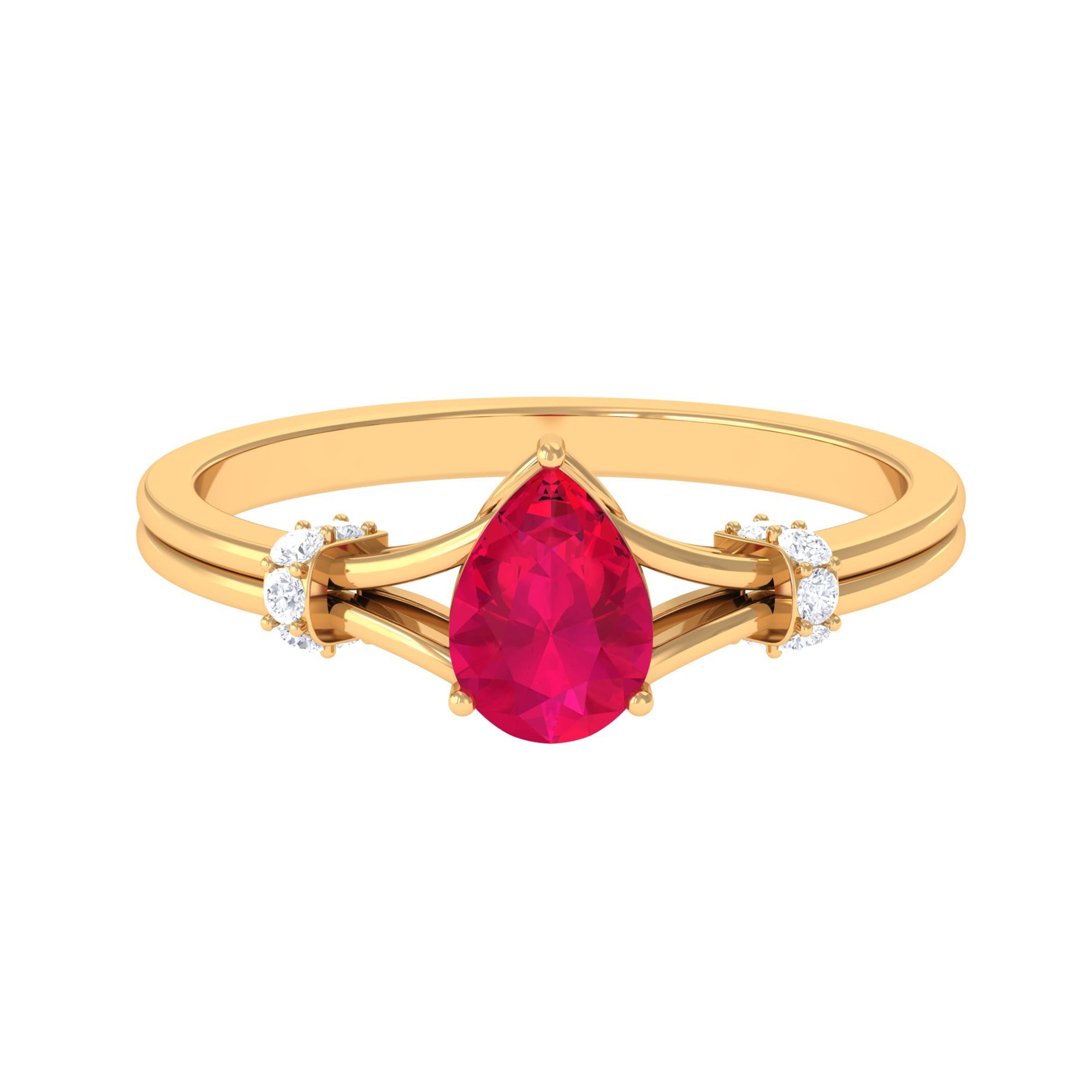 Pear Ruby Solitaire Ring with Diamond in Split Shank Ruby - ( AAA ) - Quality - Rosec Jewels