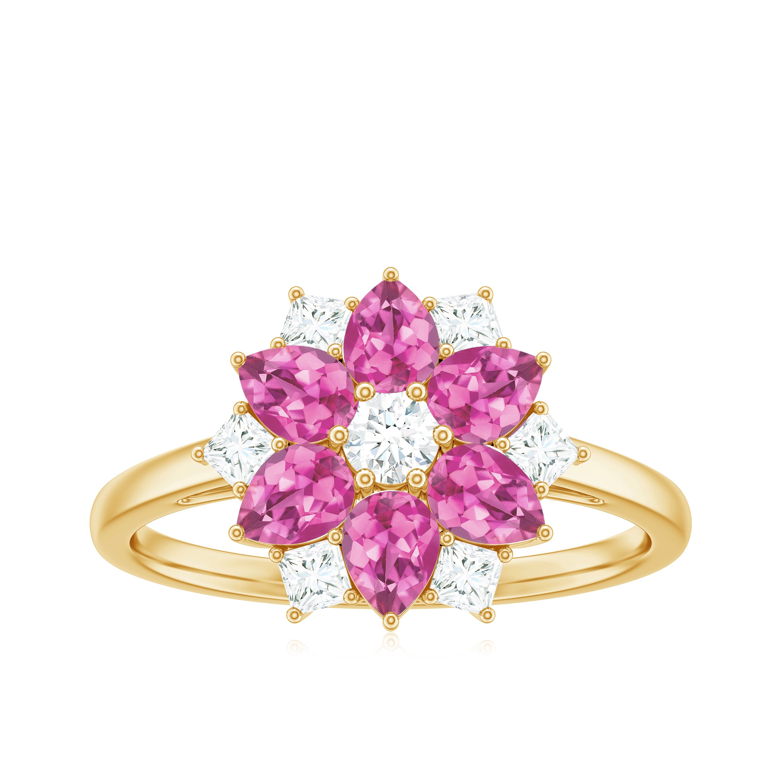 Natural Pink Tourmaline Flower Ring with Moissanite Pink Tourmaline - ( AAA ) - Quality - Rosec Jewels