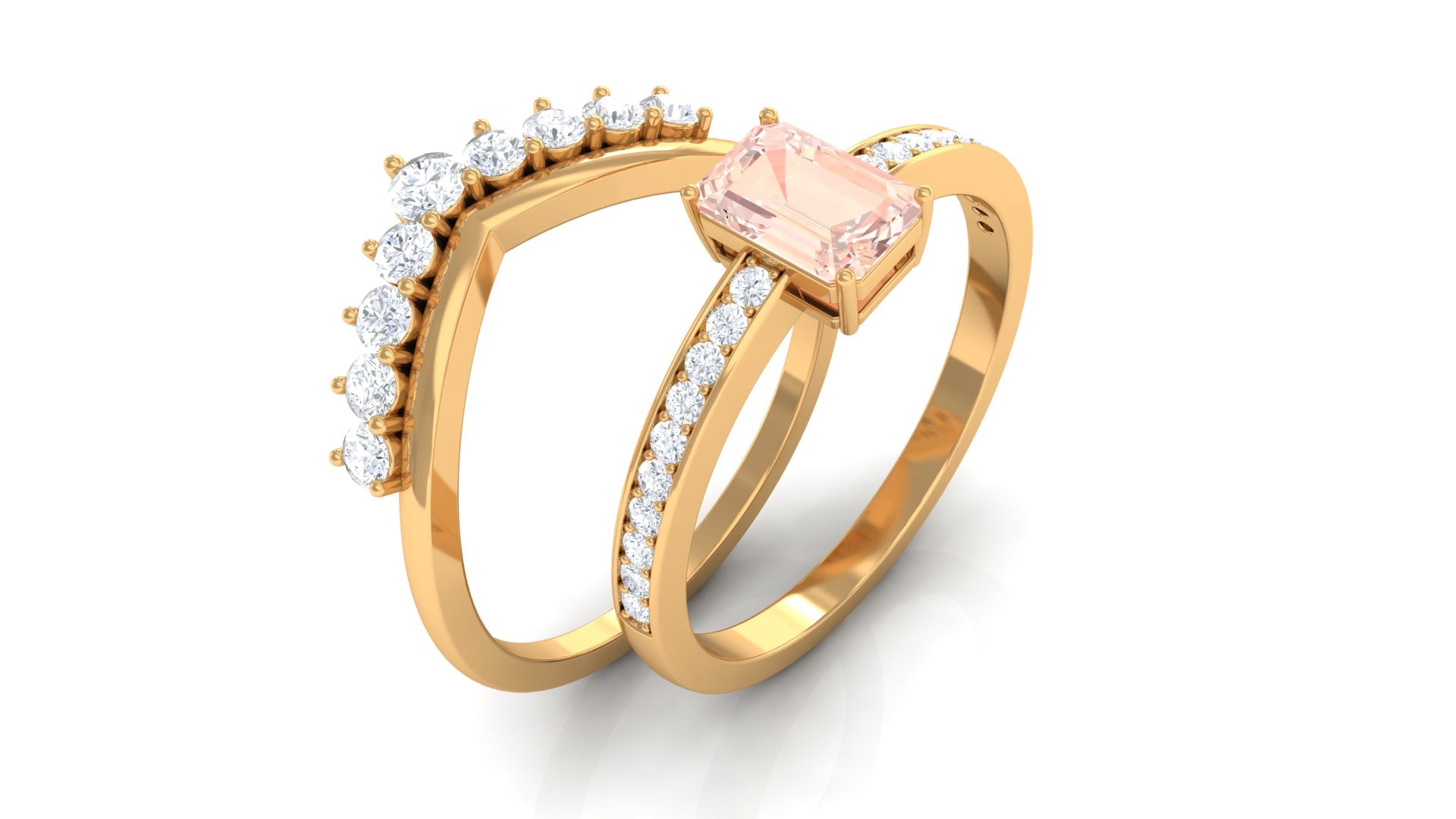 Real Morganite and Diamond Stackable Ring Set Morganite - ( AAA ) - Quality - Rosec Jewels