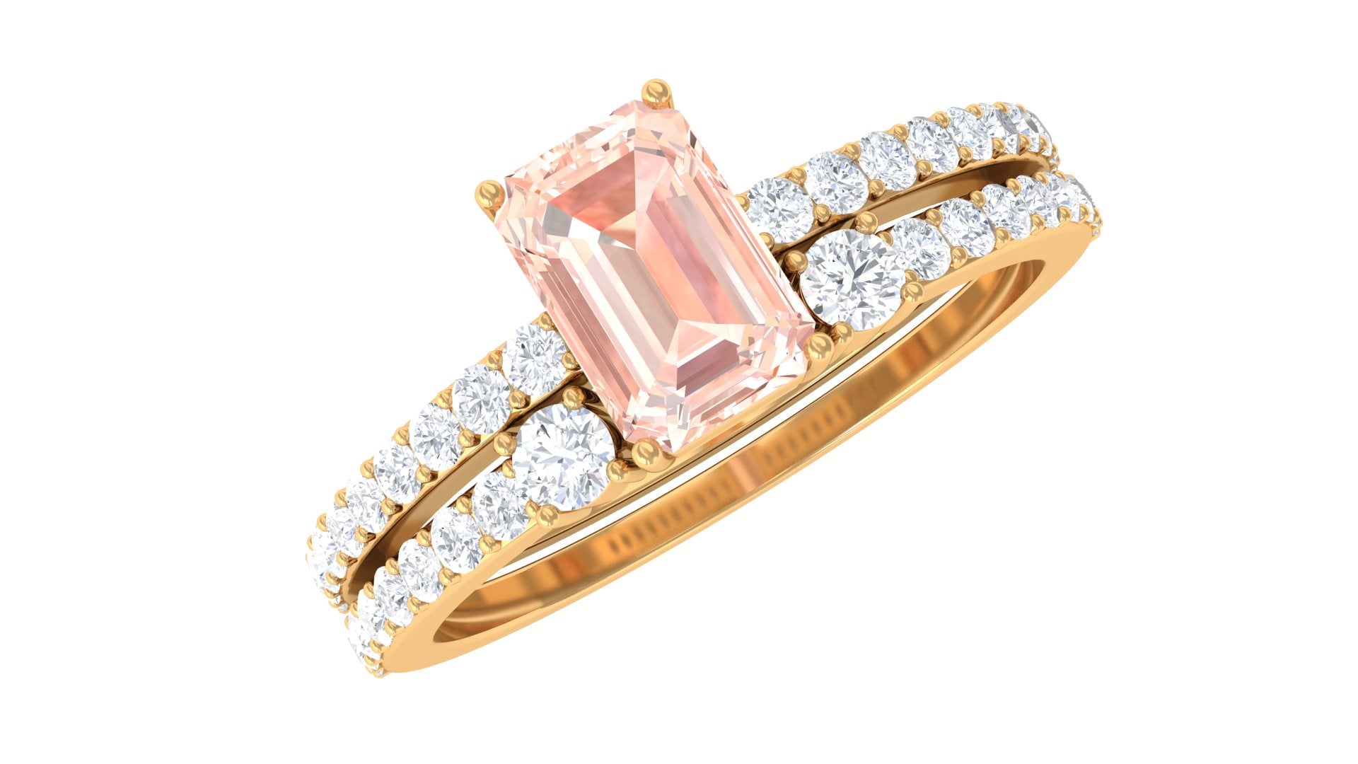 Emerald Cut Morganite and Diamond Solitaire Ring Set Morganite - ( AAA ) - Quality - Rosec Jewels