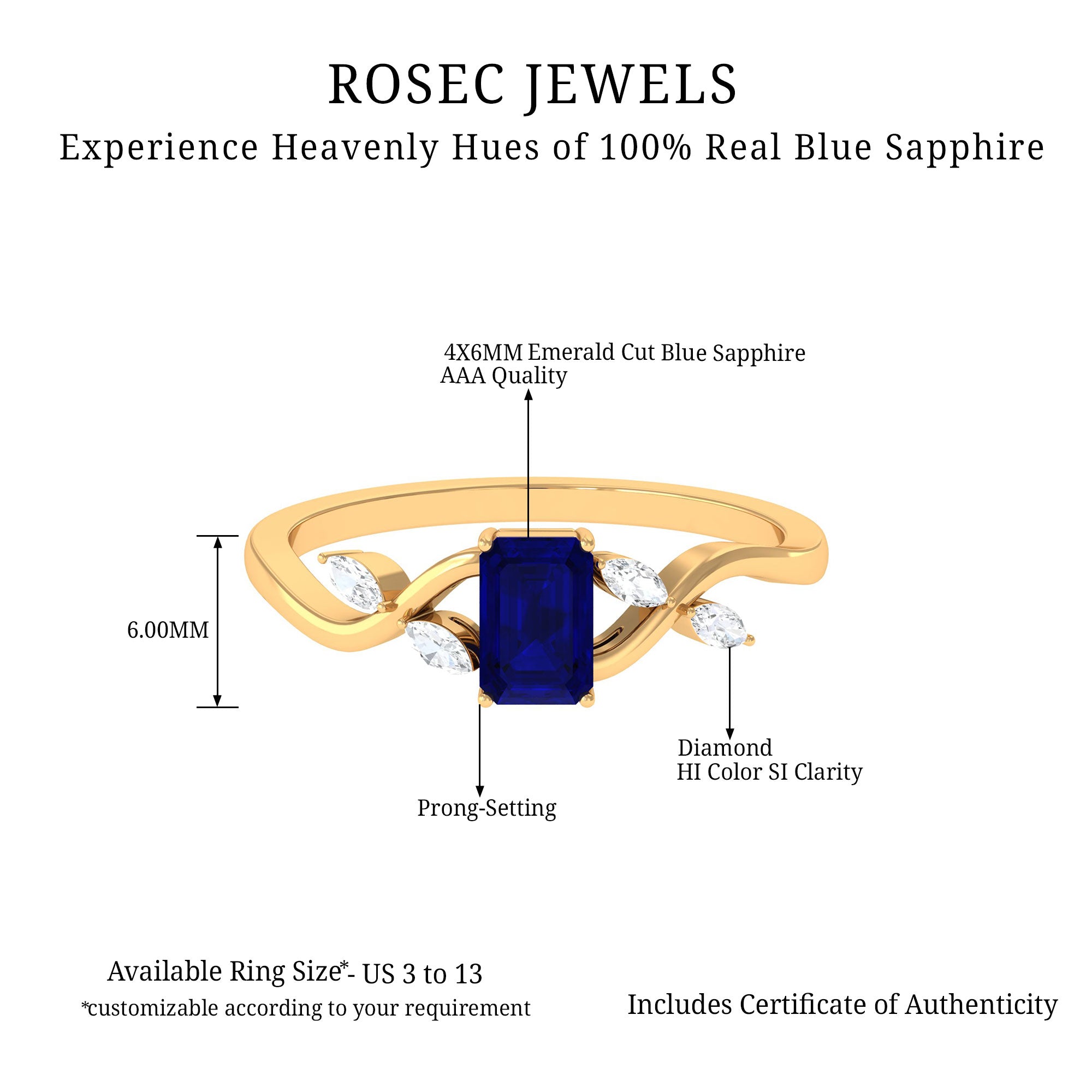 Octagon Cut Blue Sapphire Solitaire Engagement Ring with Diamond Blue Sapphire - ( AAA ) - Quality - Rosec Jewels