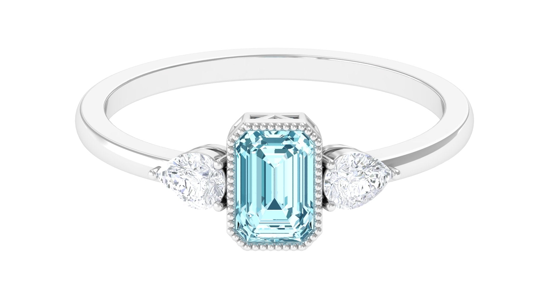 Octagon Cut Aquamarine Solitaire and Diamond Ring Aquamarine - ( AAA ) - Quality - Rosec Jewels