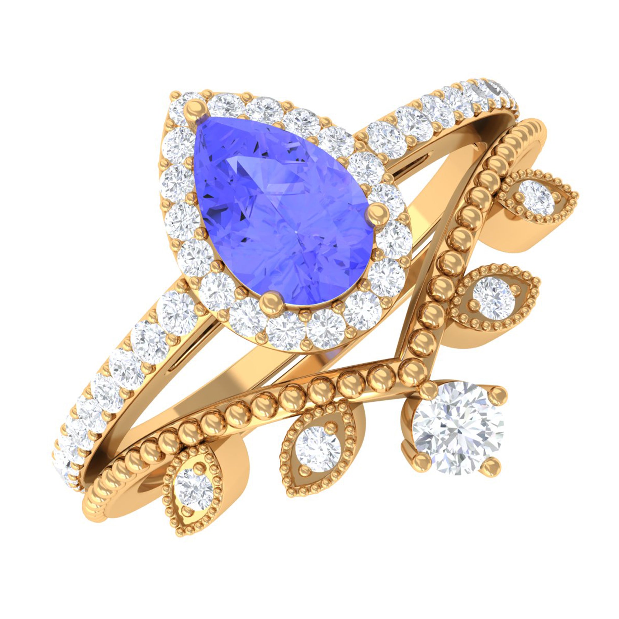 Tanzanite Vintage Teardrop Wedding Ring Set with Diamond Tanzanite - ( AAA ) - Quality - Rosec Jewels