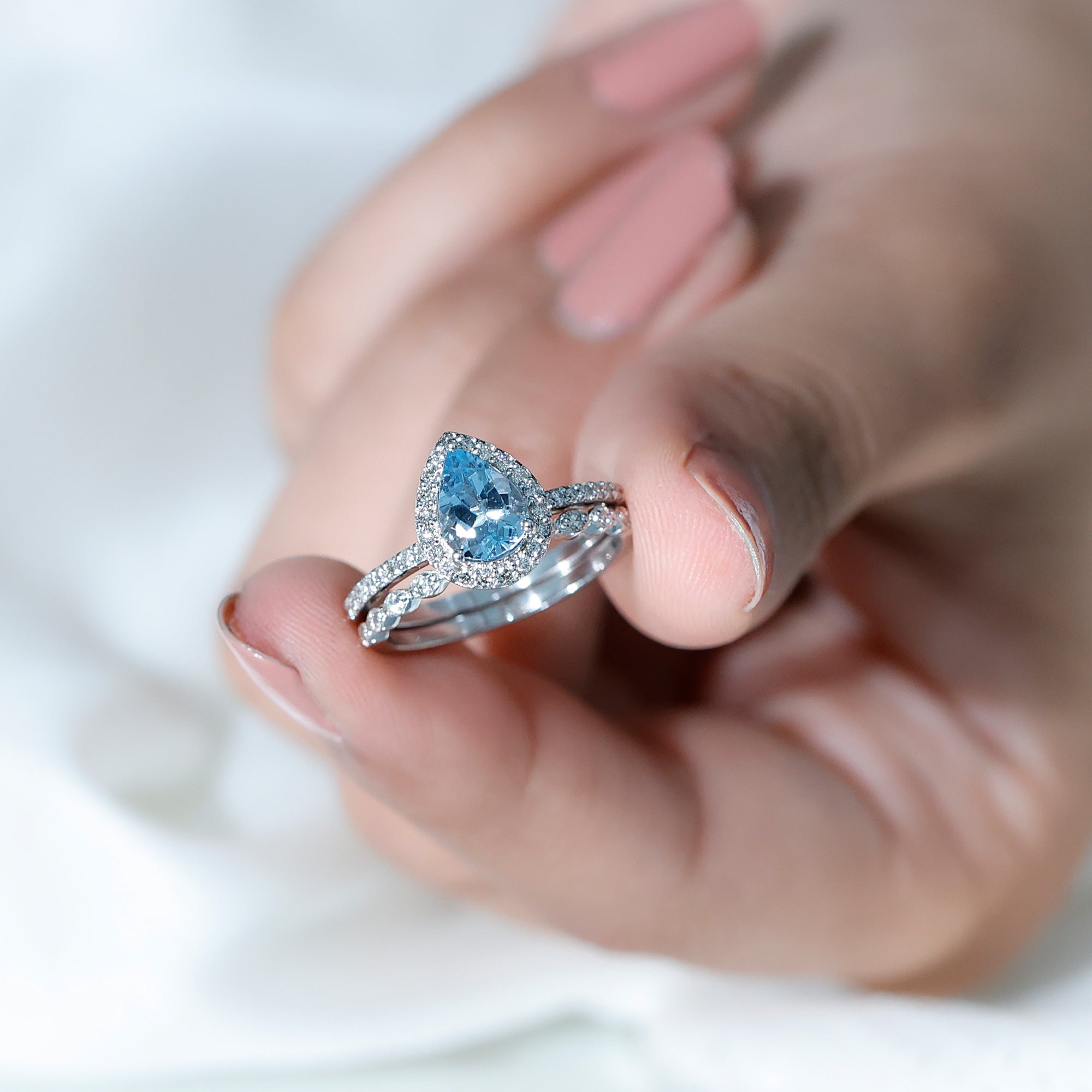 Teardrop Aquamarine Bridal Ring Set with Diamond Aquamarine - ( AAA ) - Quality - Rosec Jewels