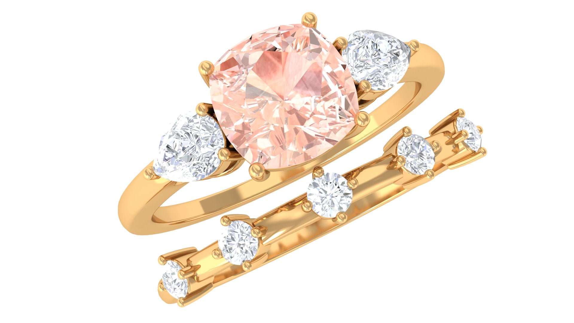 Cushion Cut Morganite Ring Set with Diamond Morganite - ( AAA ) - Quality - Rosec Jewels